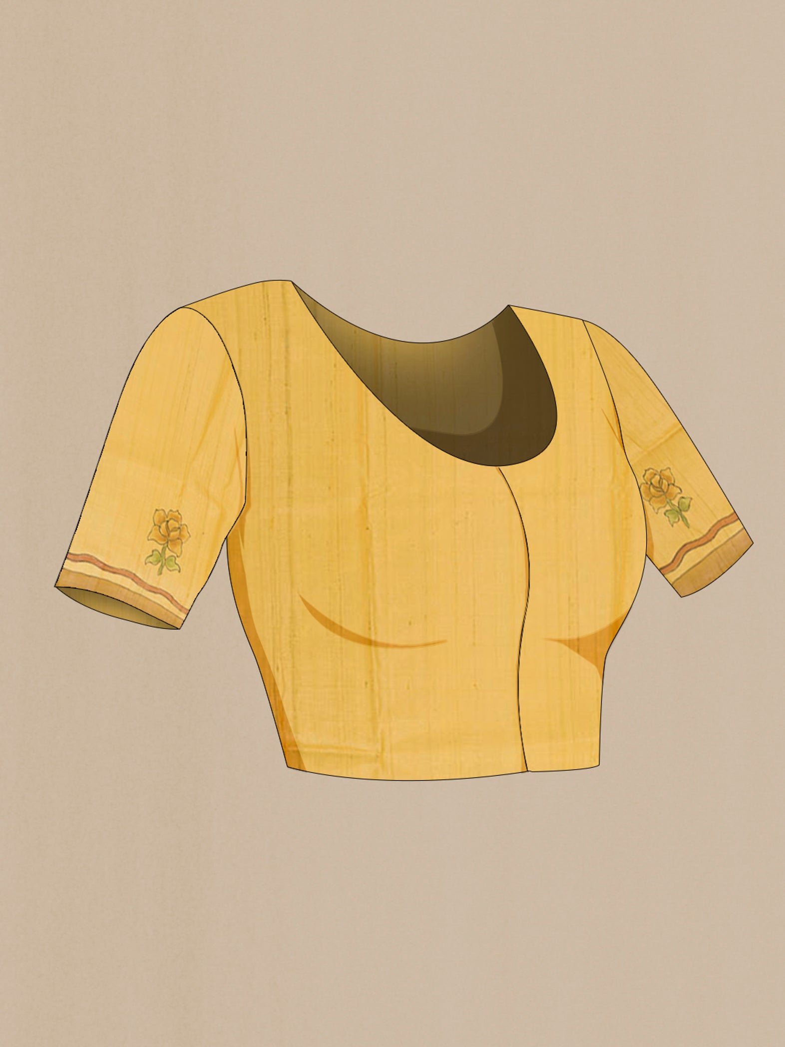 Close up image of the blouse of Yellow Tussar Saree with Printed design on the body and Printed Border. 