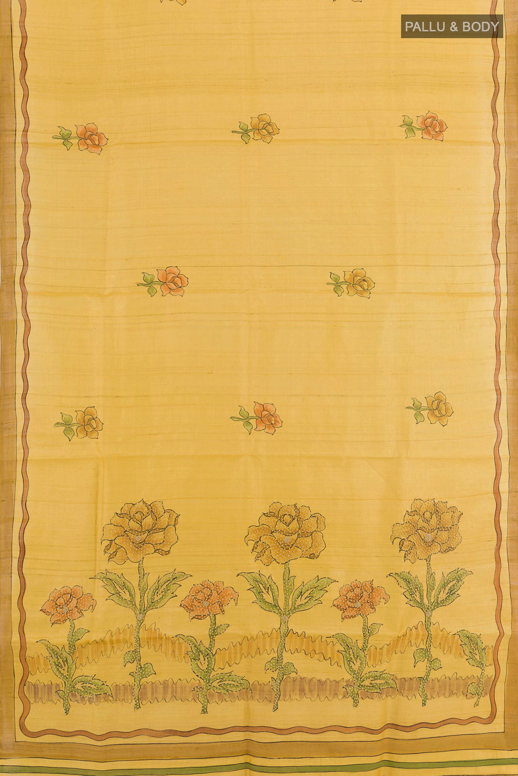 Flat view of Yellow Tussar Saree with Printed design on the body and Printed Border. 