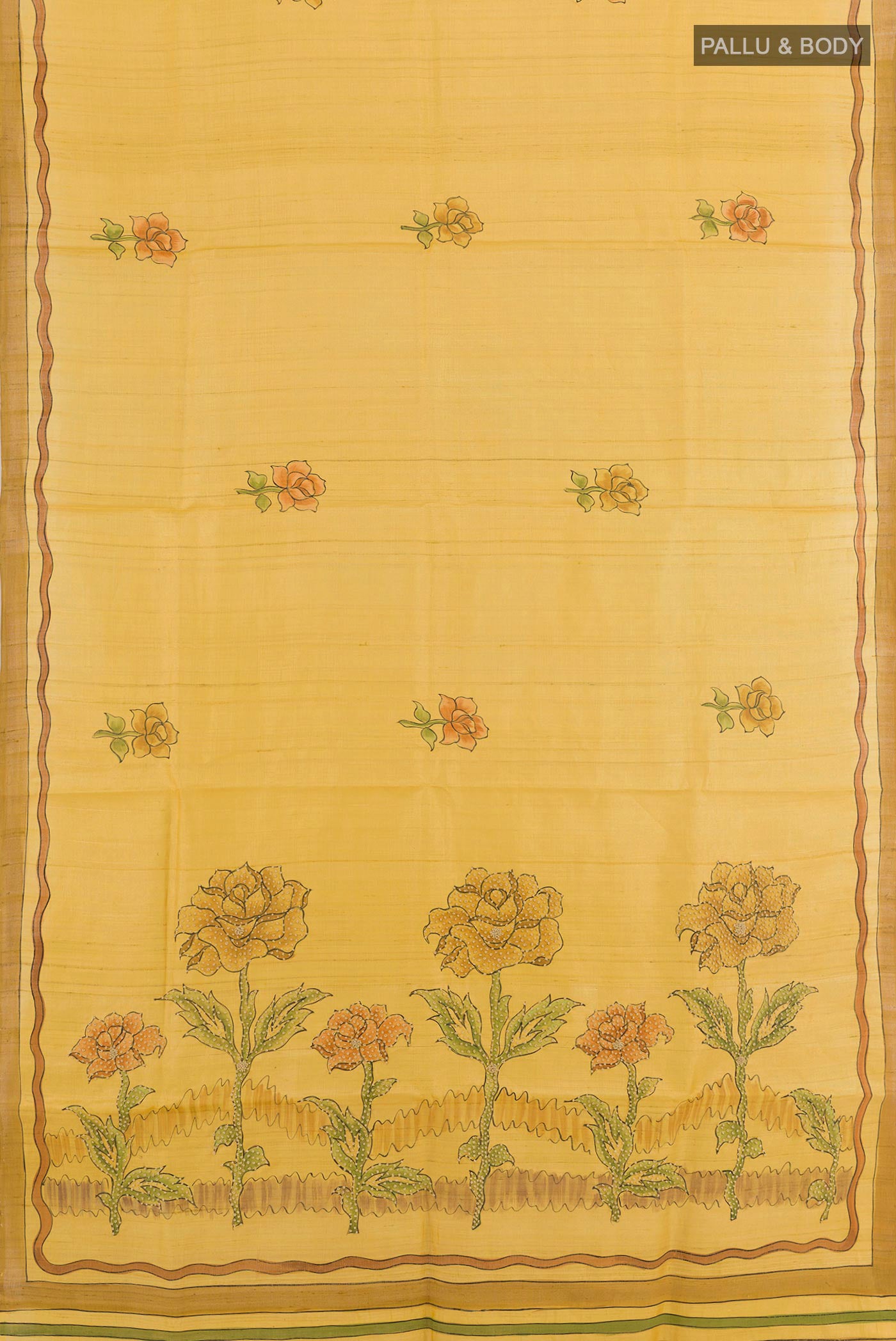 Flat view of Yellow Tussar Saree with Printed design on the body and Printed Border. 