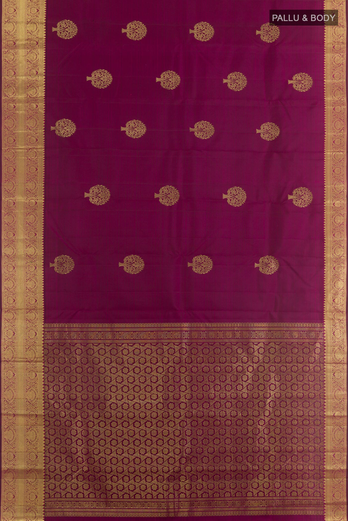 Flat view of Purple Kanchipuram Silk Saree with Zari Butta on the body and Zari Border. 