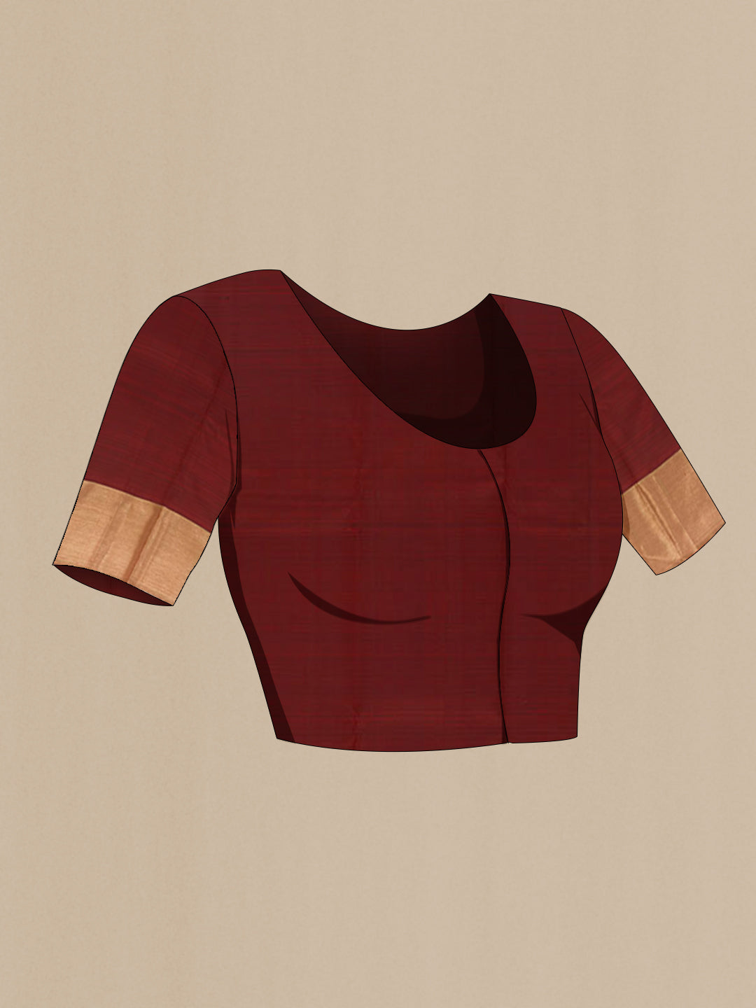 Close up image of the blouse of Maroon Kanchipuram Silk Saree with Zari Butta on the body and Zari Border. 