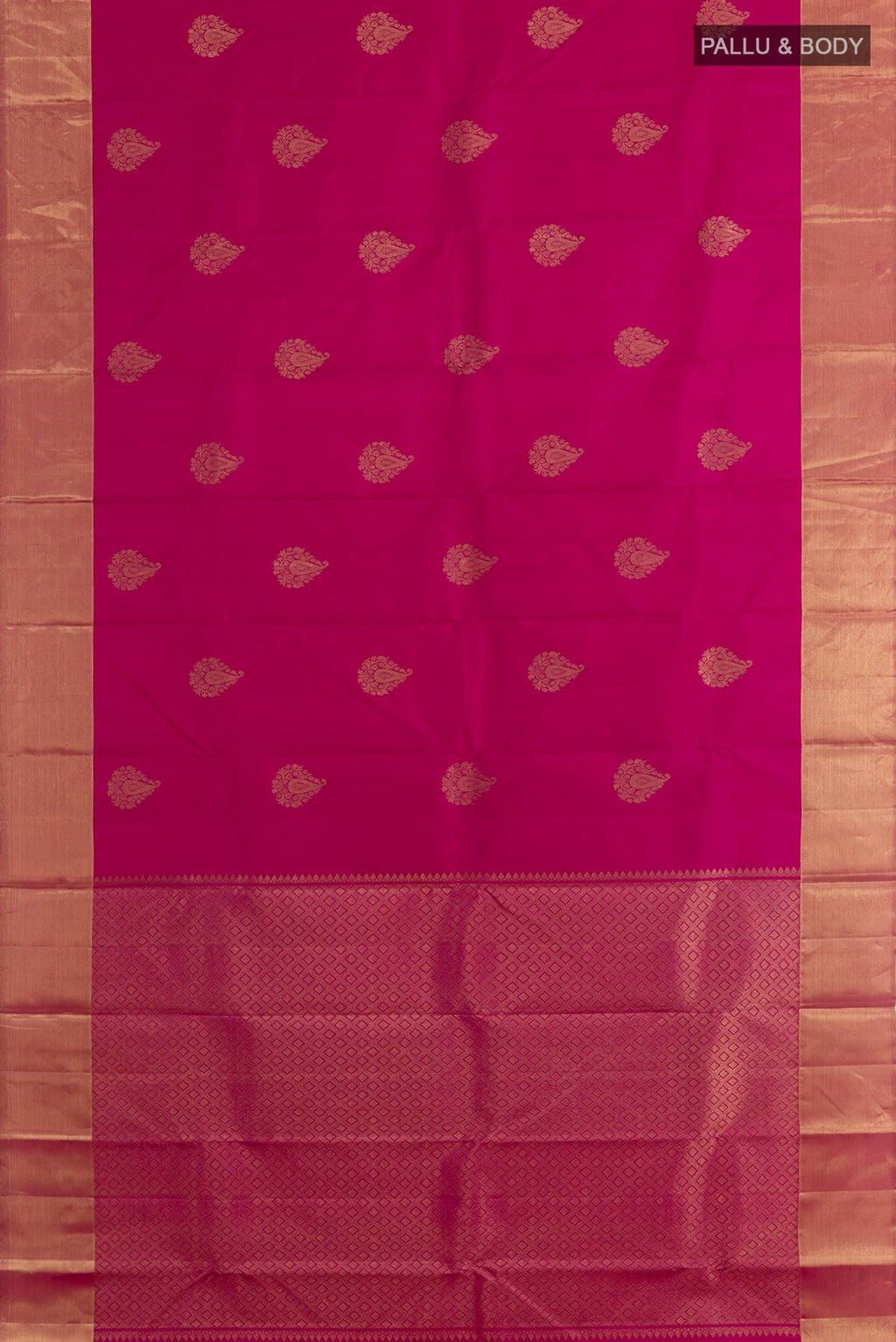 Flat view of Pink Kanchipuram Silk Saree with Zari Butta on the body and Zari Border. 