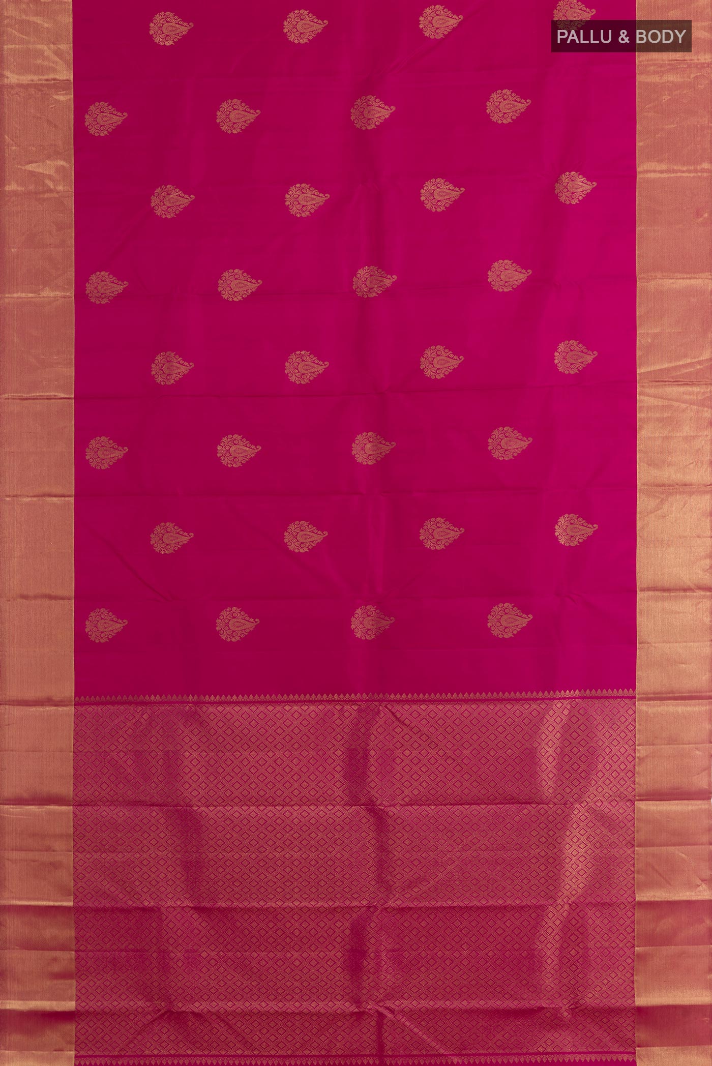 Flat view of Pink Kanchipuram Silk Saree with Zari Butta on the body and Zari Border. 