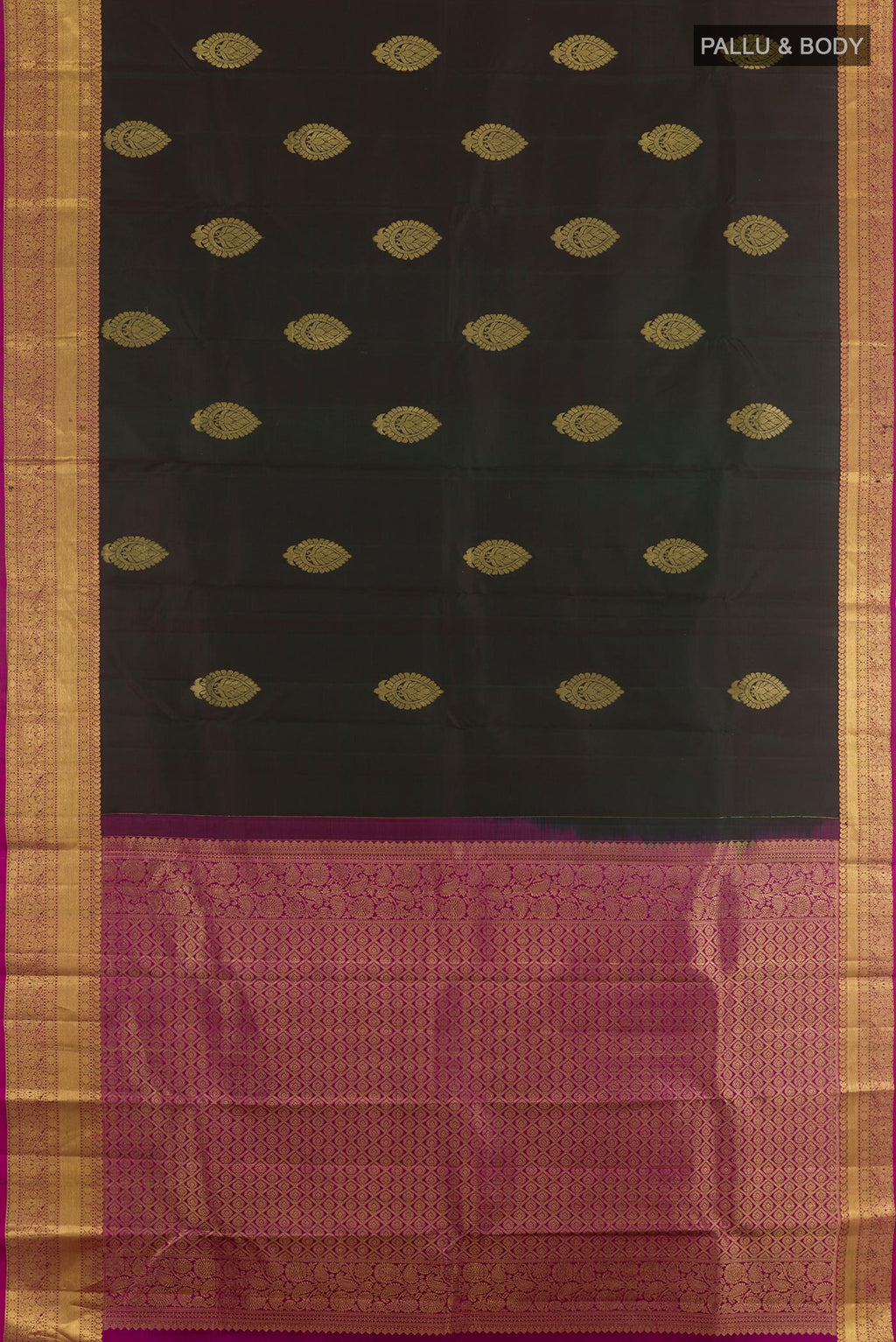 Flat view of Black Kanchipuram Silk Saree with Zari Butta on the body and Without Border. 