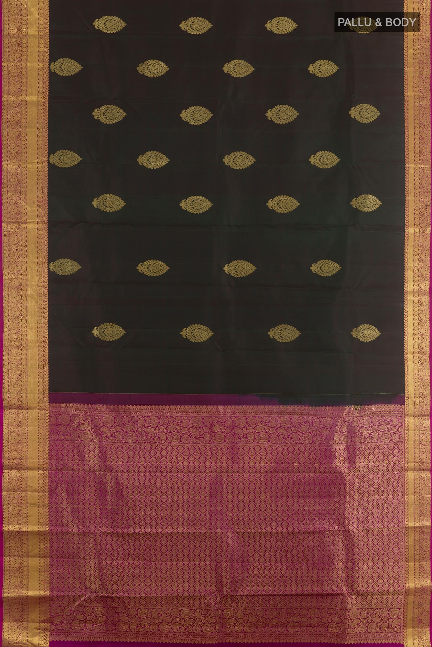 Flat view of Black Kanchipuram Silk Saree with Zari Butta on the body and Without Border. 