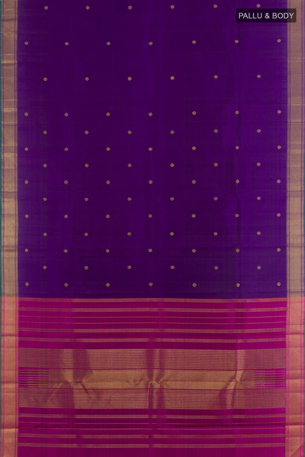 Flat view of Purple Kanchipuram Silk Saree with Zari Butta on the body and Zari Border. 