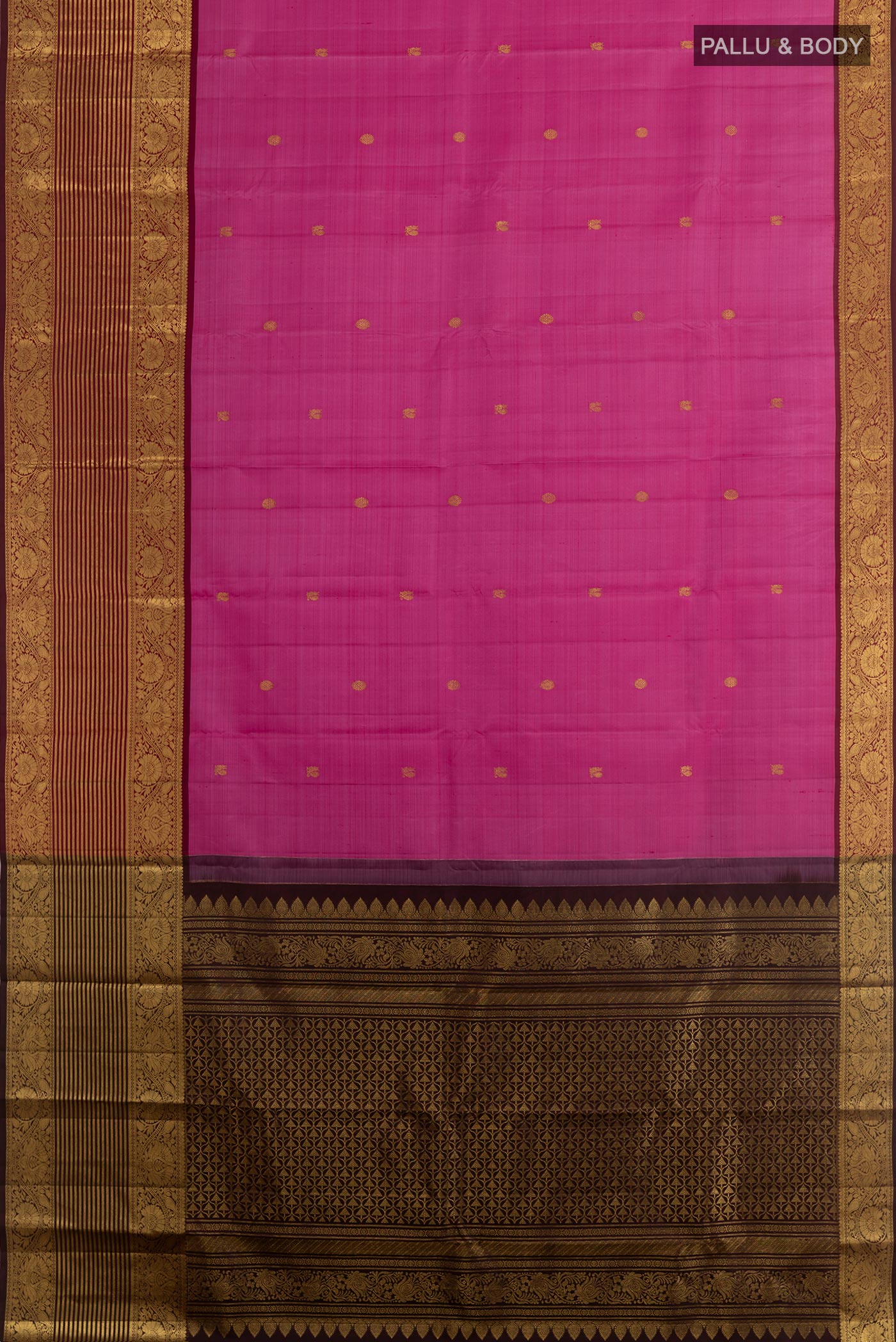 Flat view of Pink Kanchipuram Silk Saree with Zari Butta on the body and Zari Border. 