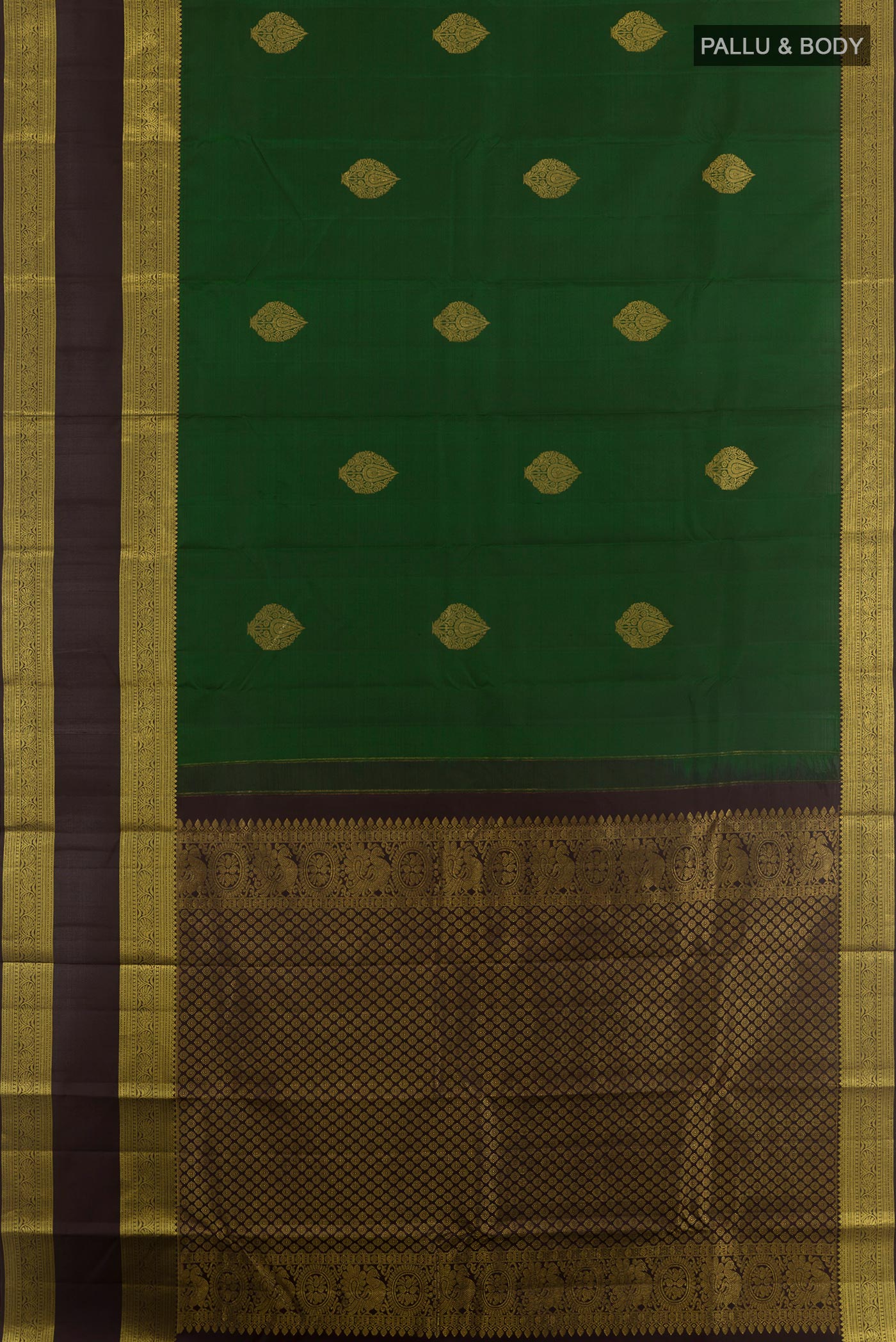 Flat view of Green Kanchipuram Silk Saree with Zari Butta on the body and Zari Border. 