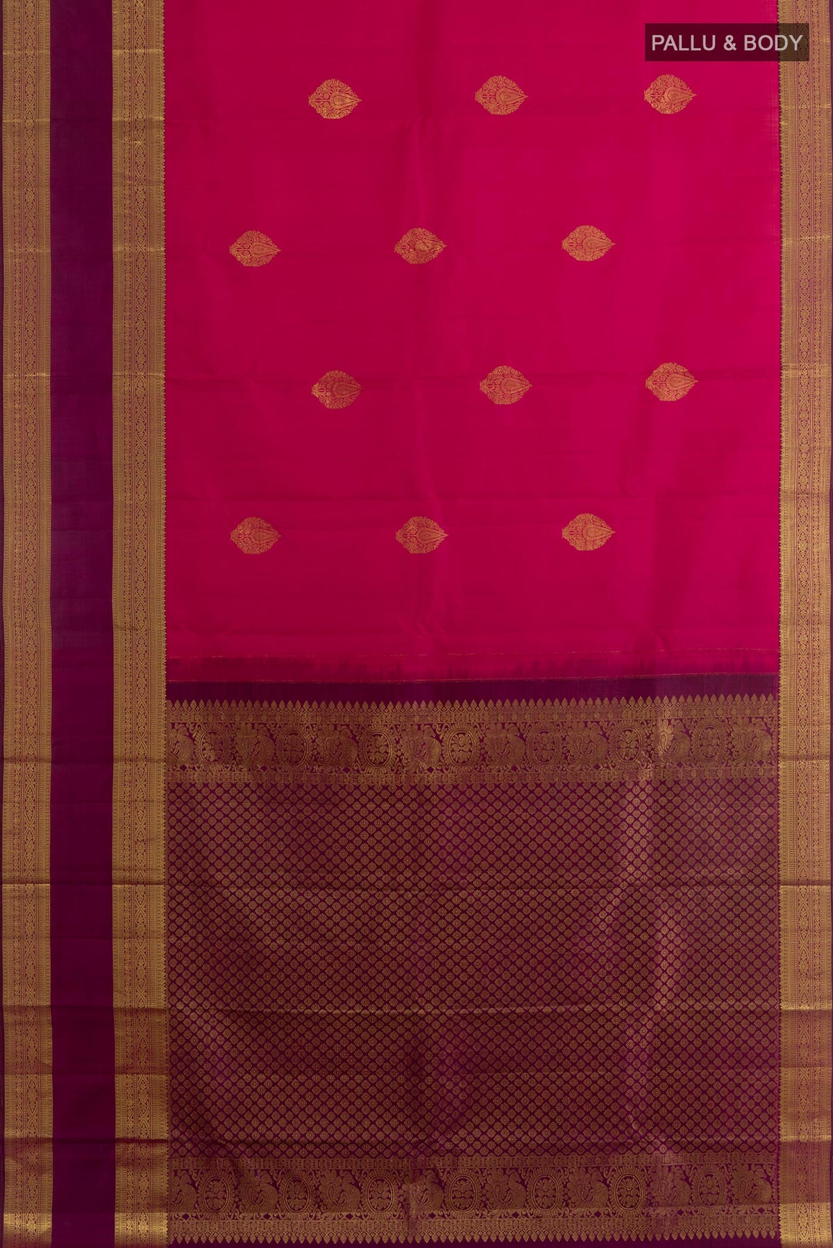 Flat view of Red Kanchipuram Silk Saree with Zari Butta on the body and Zari Border. 