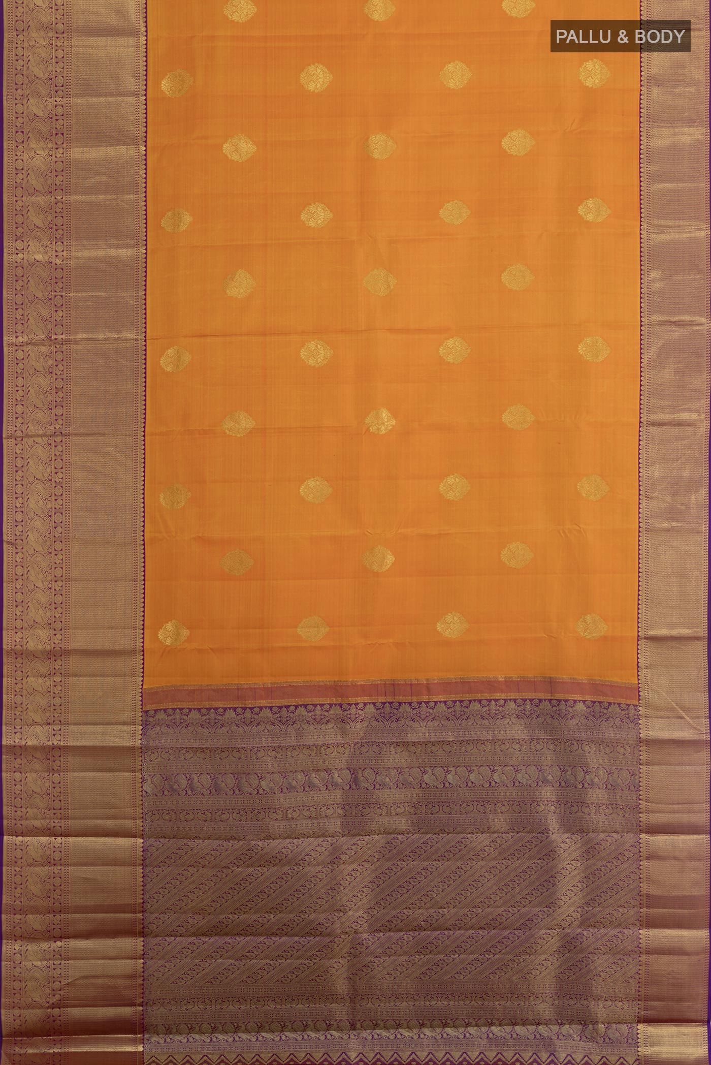 Flat view of Yellow Kanchipuram Silk Saree with Zari Butta on the body and Zari Border. 