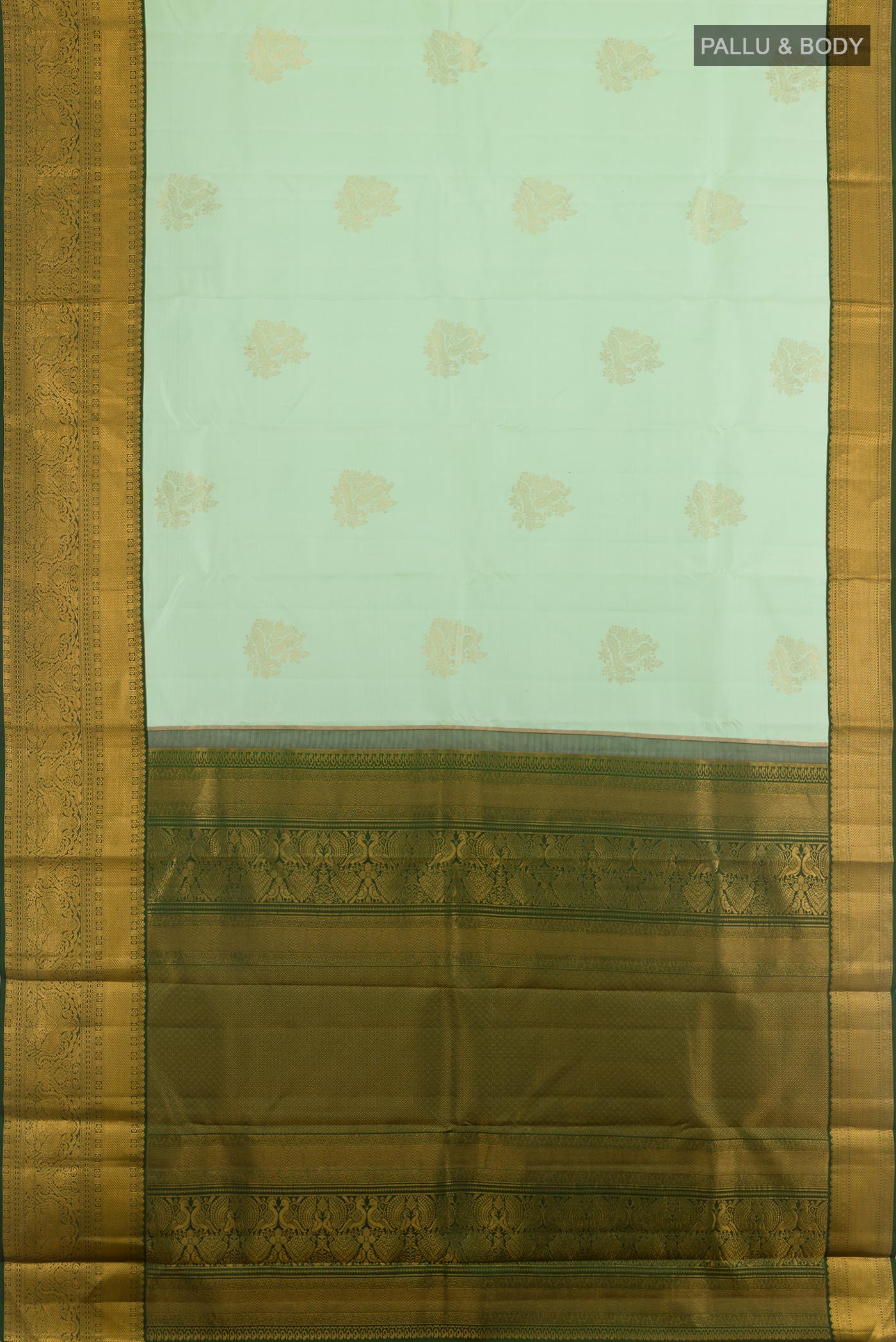 Flat view of Mint Green Kanjivaram Silk Saree with Zari Brocade on the body and Zari Border. 