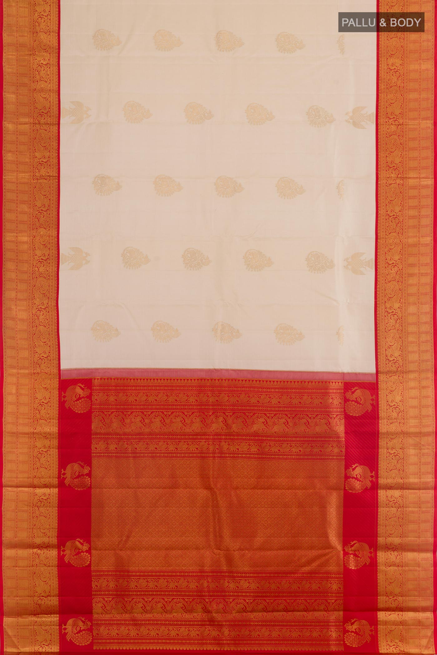 Flat view of Off White Kanjivaram Silk Saree with Zari Butta on the body and Zari Border. 