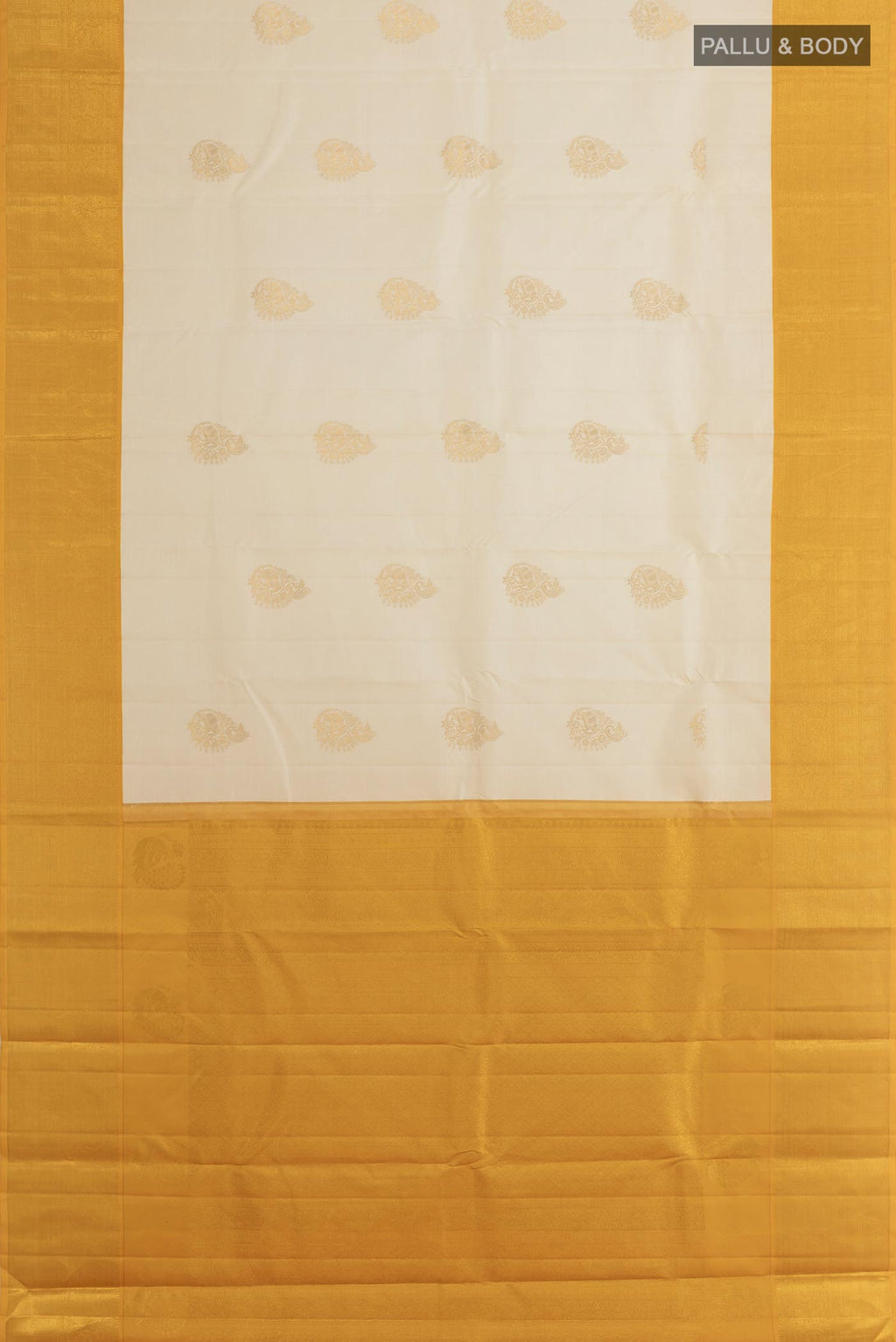 Flat view of Off White Kanjivaram Silk Saree with Zari Butta on the body and Zari Border. 