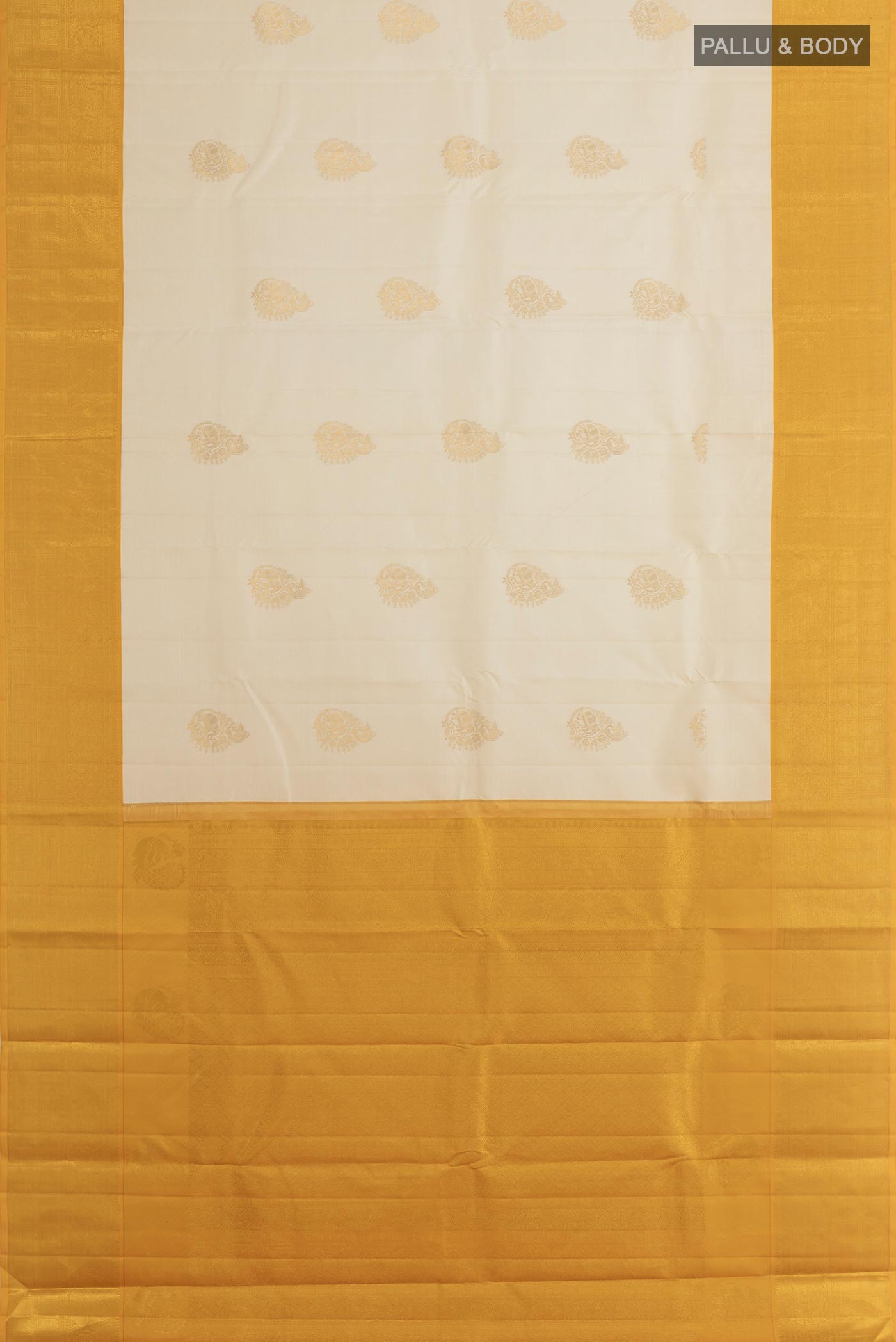 Flat view of Off White Kanjivaram Silk Saree with Zari Butta on the body and Zari Border. 