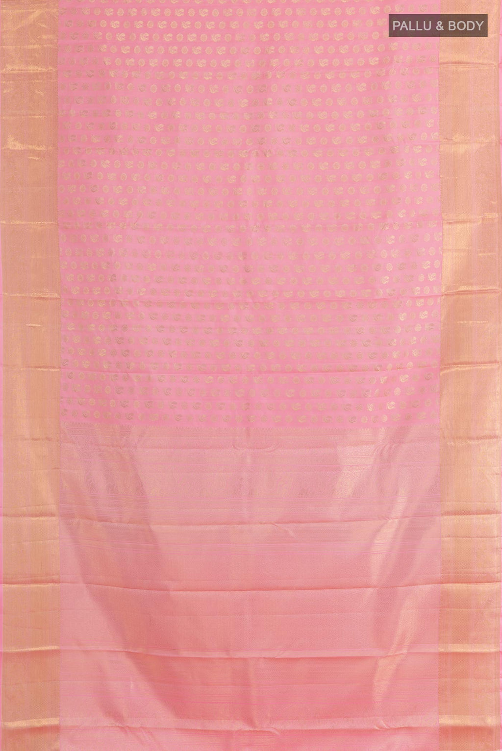 Flat view of Pink Kanchipuram Silk Saree with Zari Butta on the body and Zari Border. 