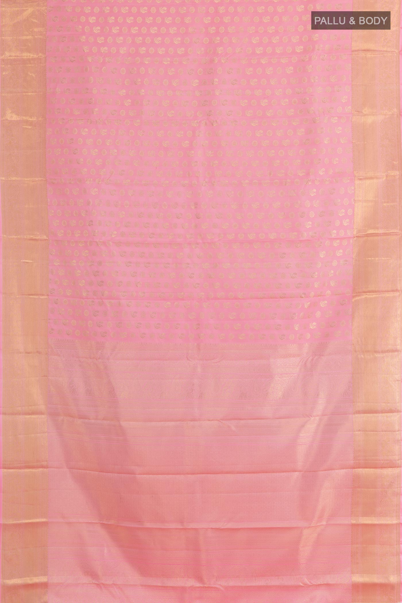 Flat view of Pink Kanchipuram Silk Saree with Zari Butta on the body and Zari Border. 