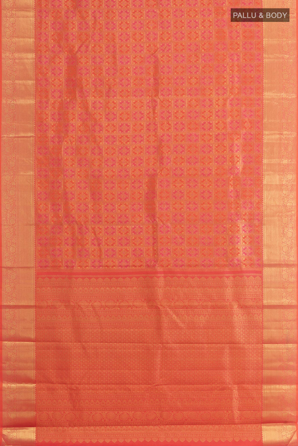 Flat view of Pink Kanchipuram Silk Saree with Zari Brocade on the body and Zari Border. 