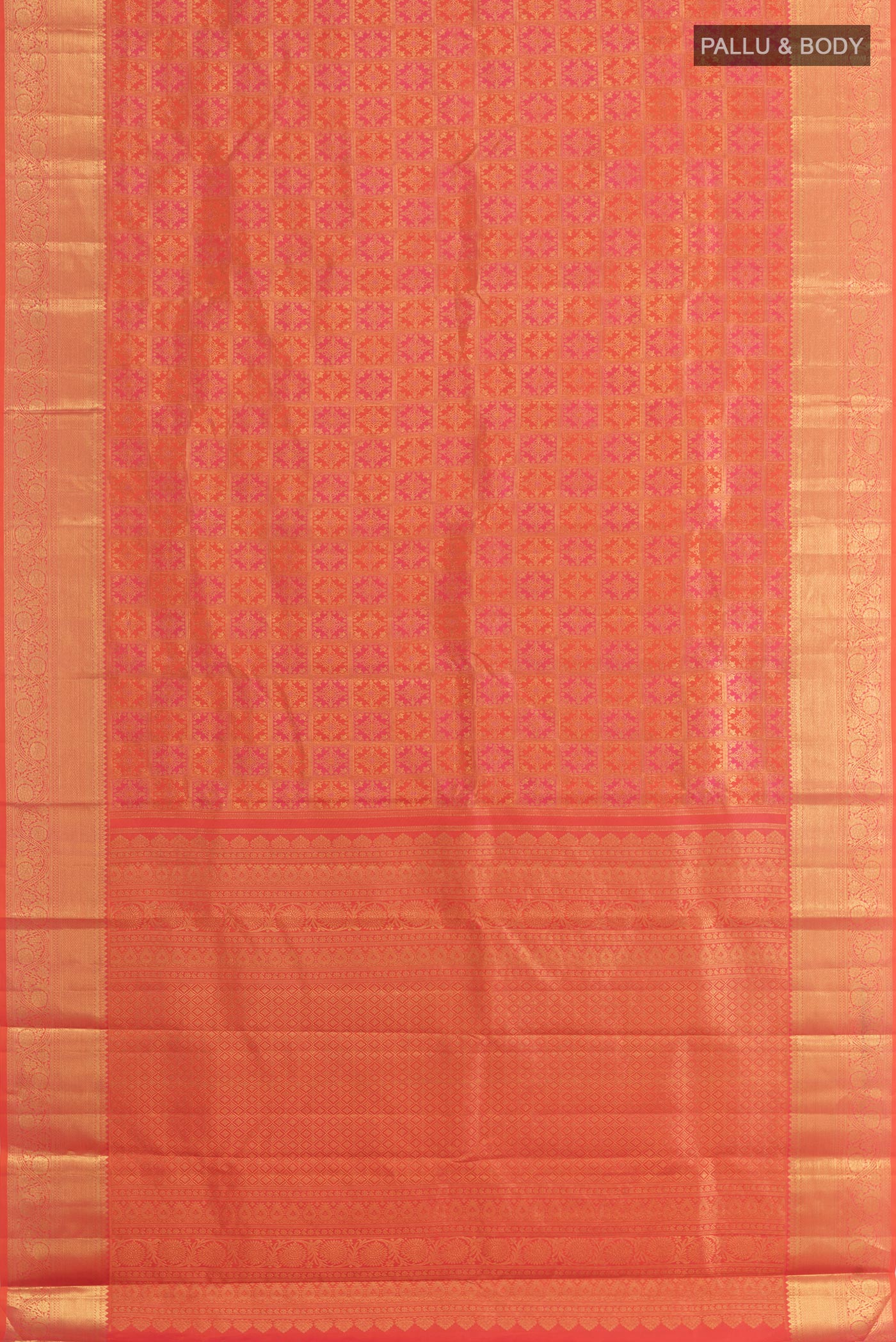Flat view of Pink Kanchipuram Silk Saree with Zari Brocade on the body and Zari Border. 