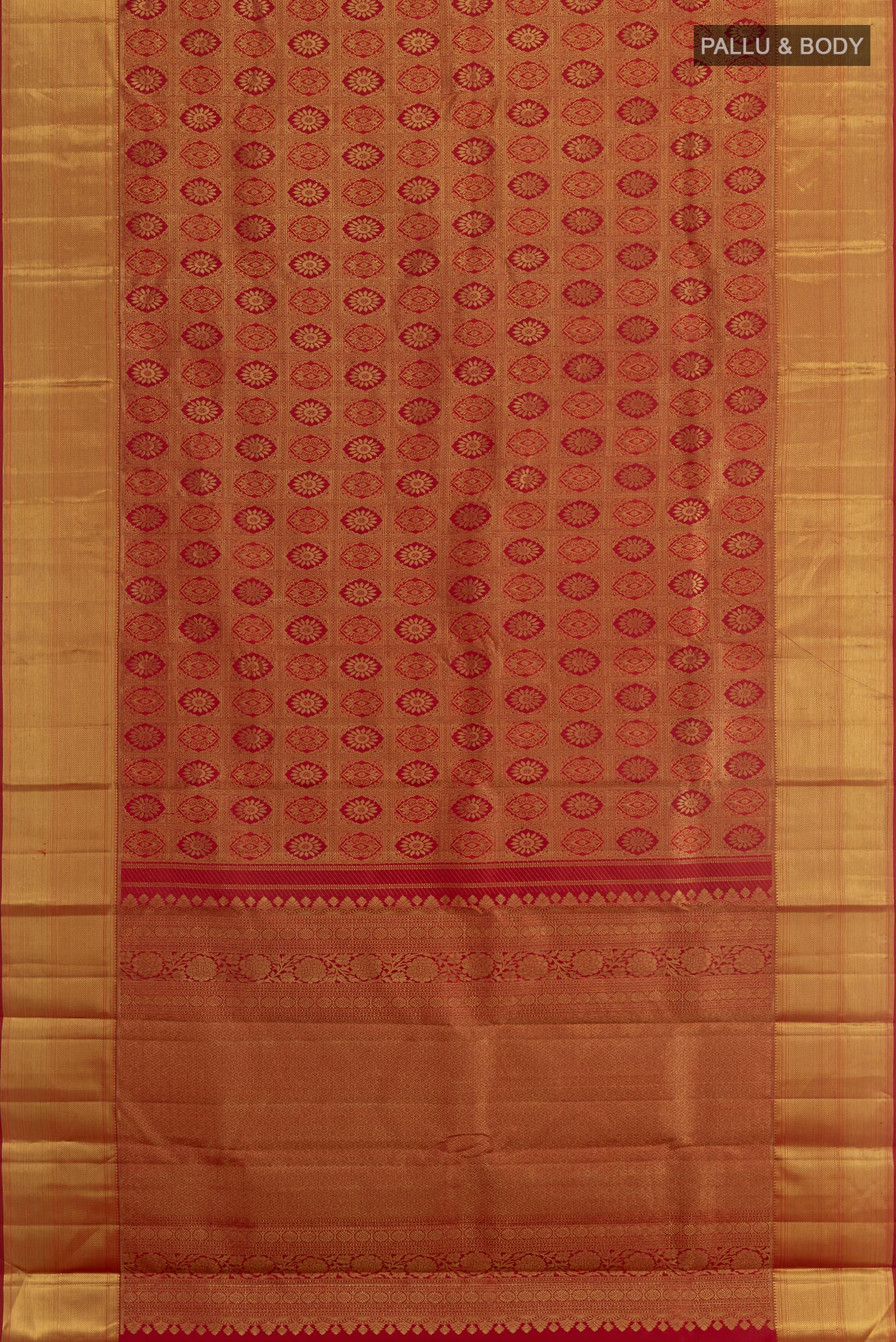 Flat view of Maroon Kanchipuram Silk Saree with Zari Brocade on the body and Zari Border. 