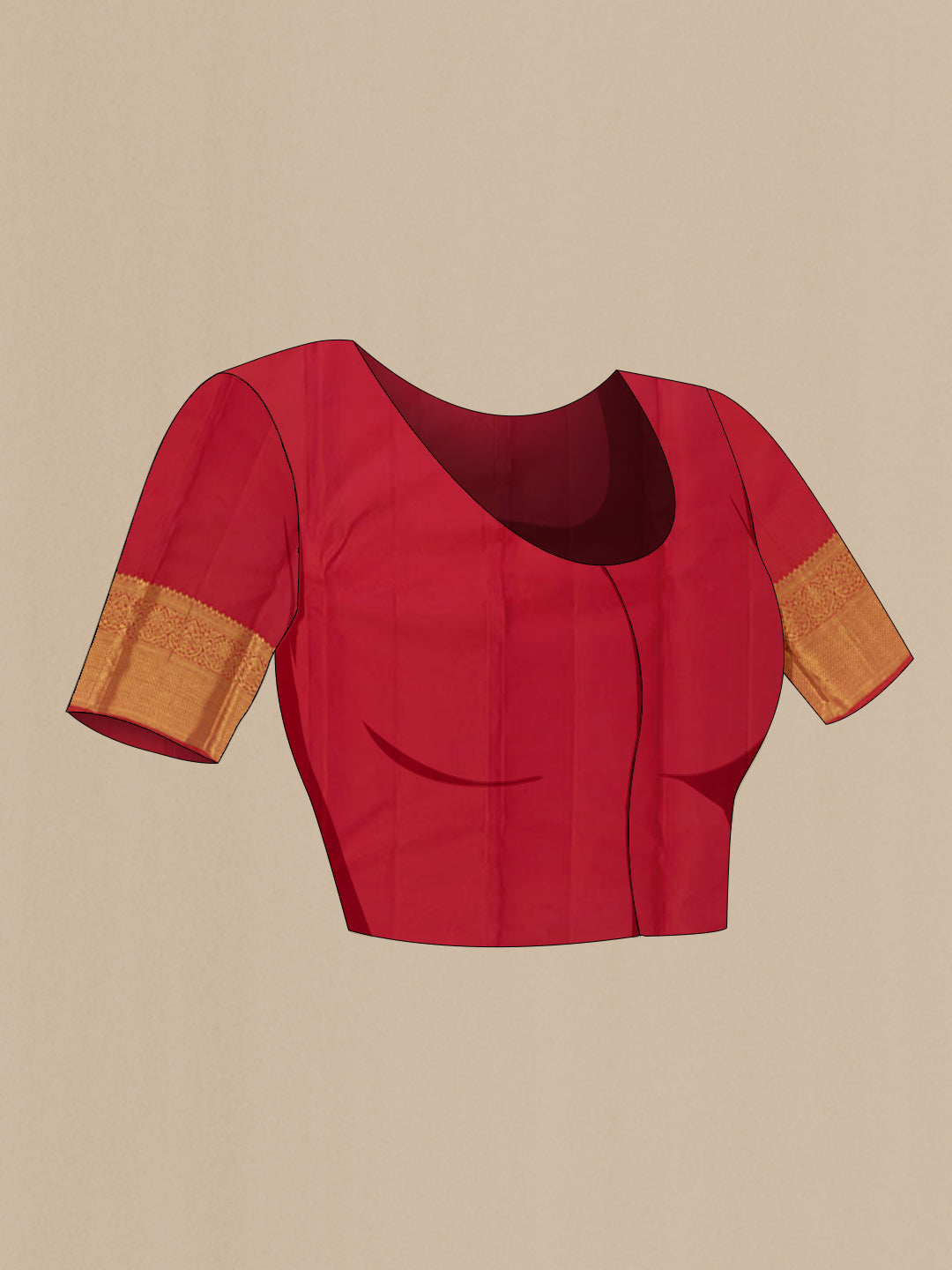 Close up image of the blouse of Red Kanchipuram Silk Saree with Zari Butta on the body and Zari Border. 