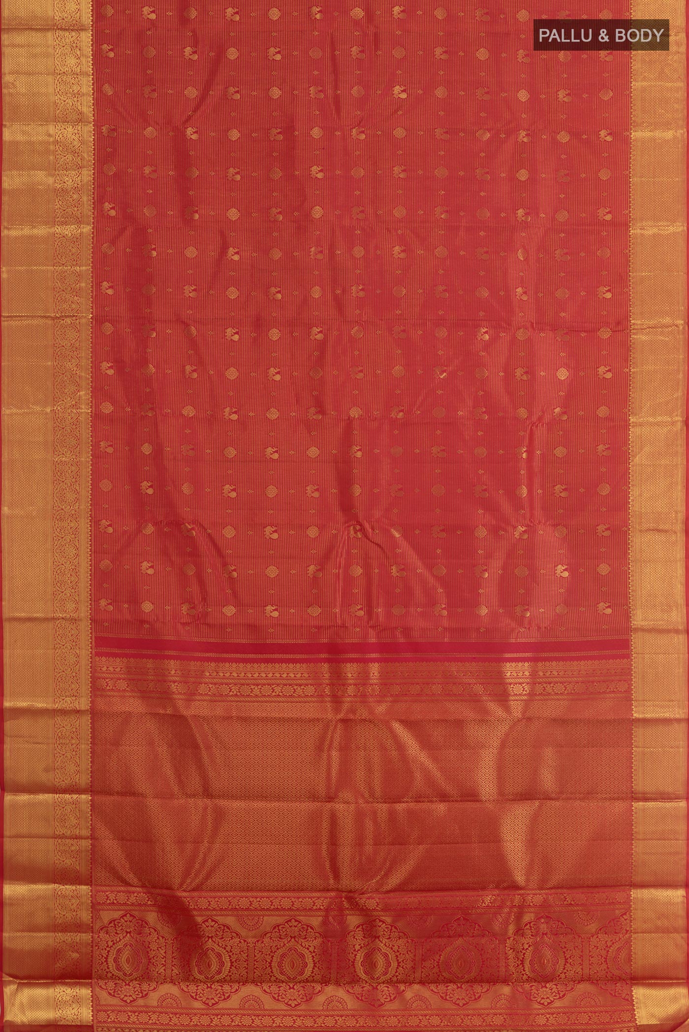 Flat view of Red Kanchipuram Silk Saree with Zari Butta on the body and Zari Border. 