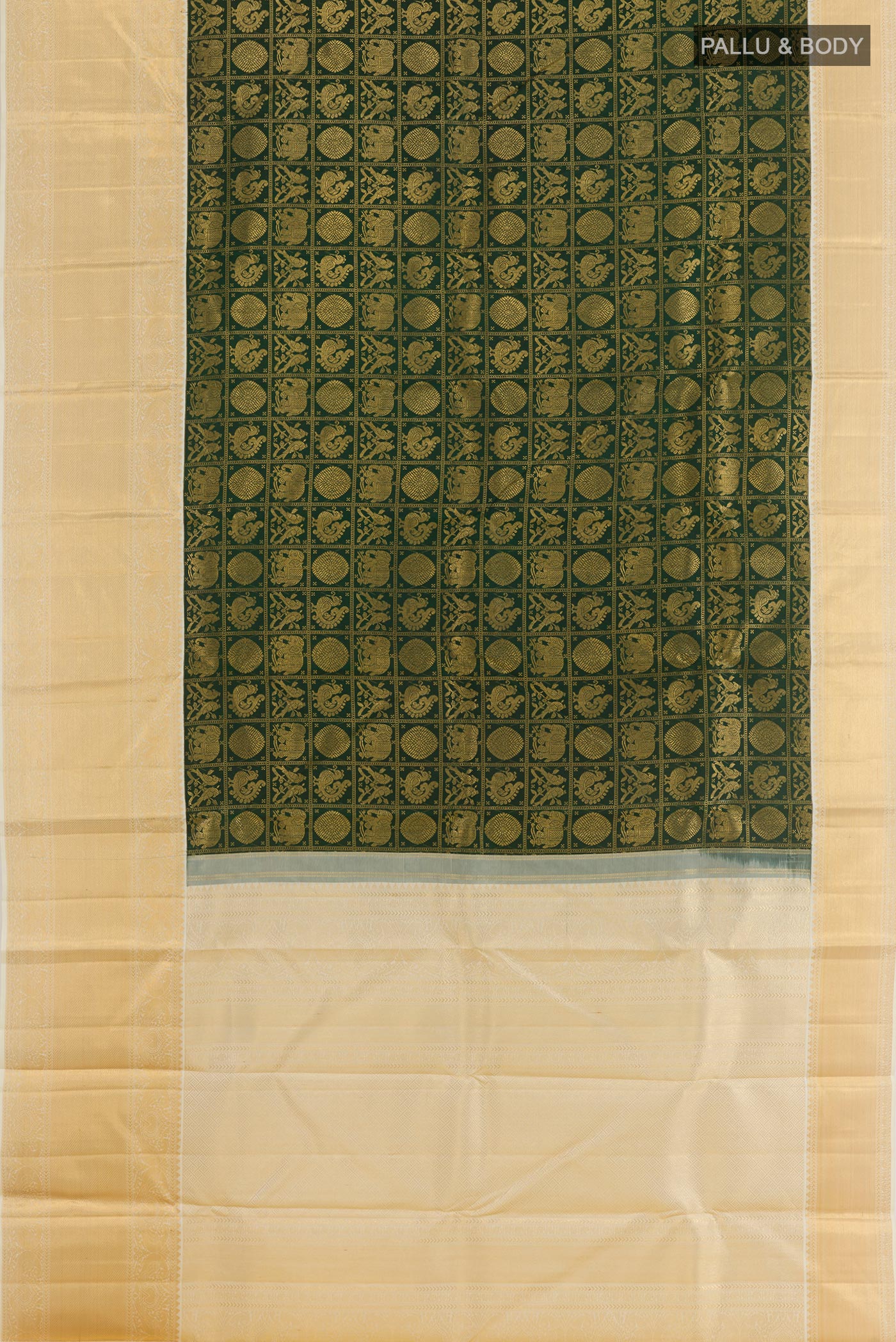 Flat view of Green Kanjivaram Silk Saree with Zari Brocade on the body and Zari Border. 