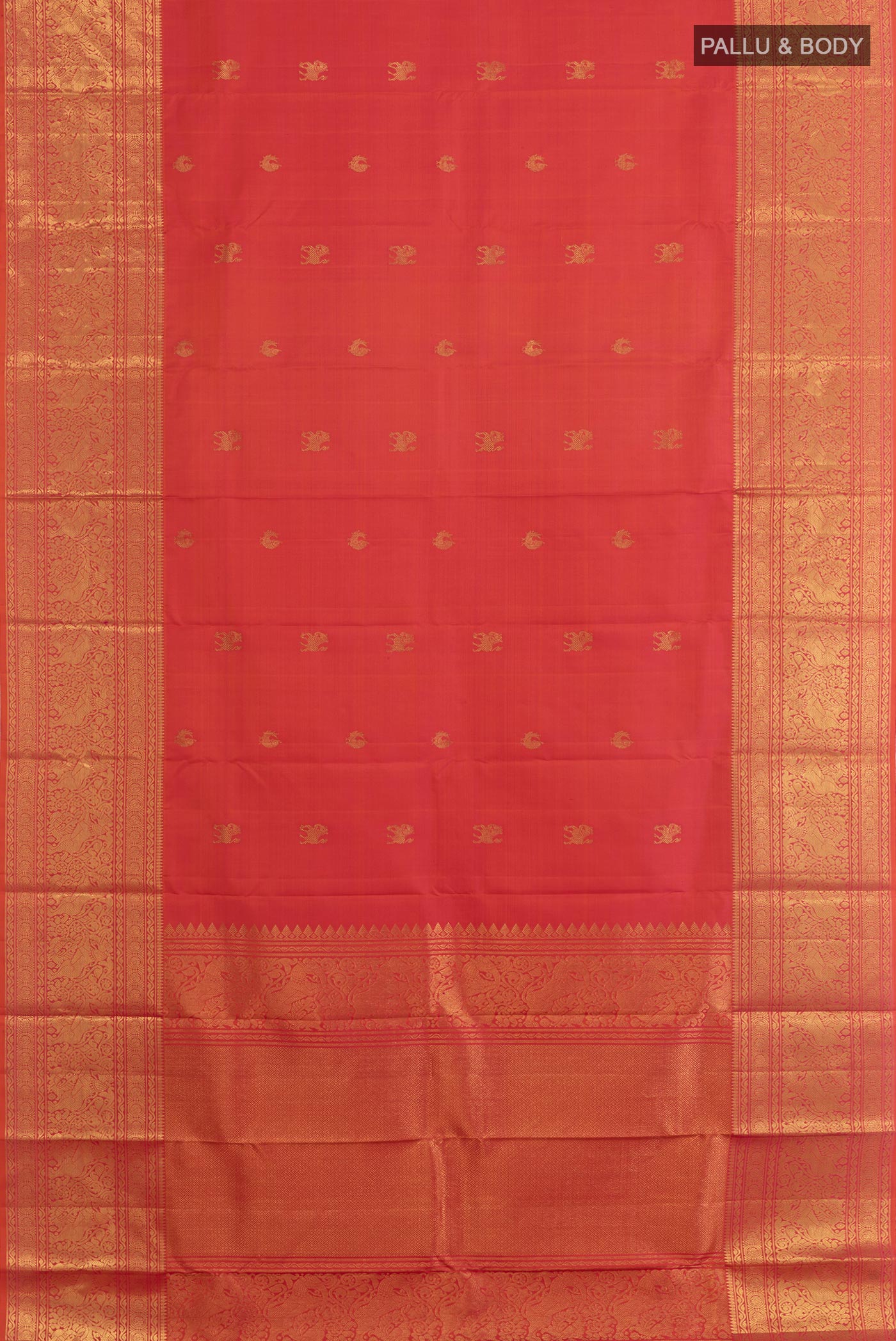 Flat view of Pink Kanchipuram Silk Saree with Zari Butta on the body and Zari Border. 