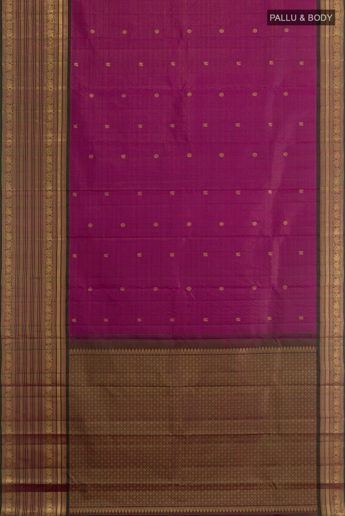 Flat view of Purple Kanchipuram Silk Saree with Zari Butta on the body and Zari Border. 