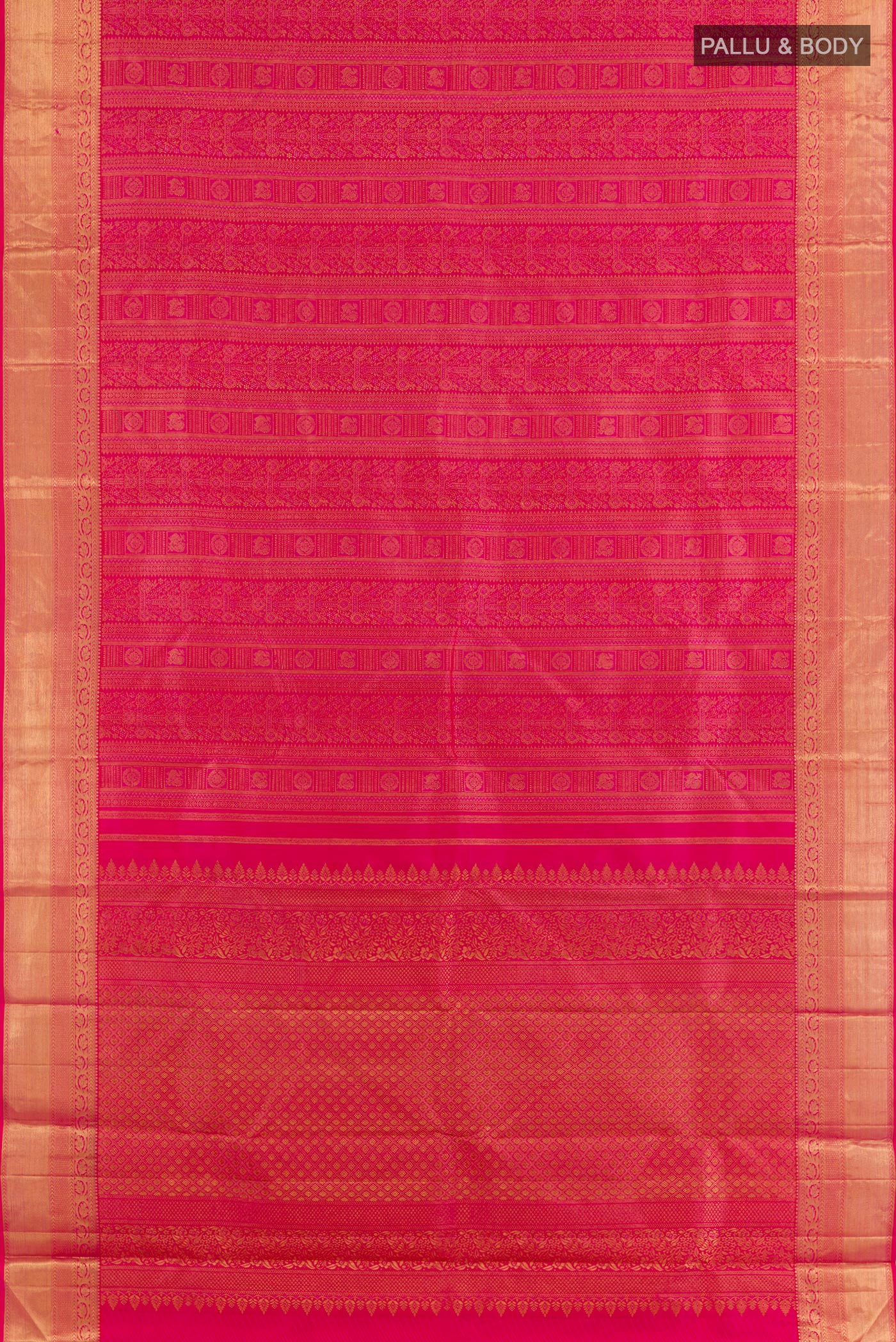 Flat view of Pink Kanjivaram Silk Saree with Zari Brocade on the body and Zari Border. 
