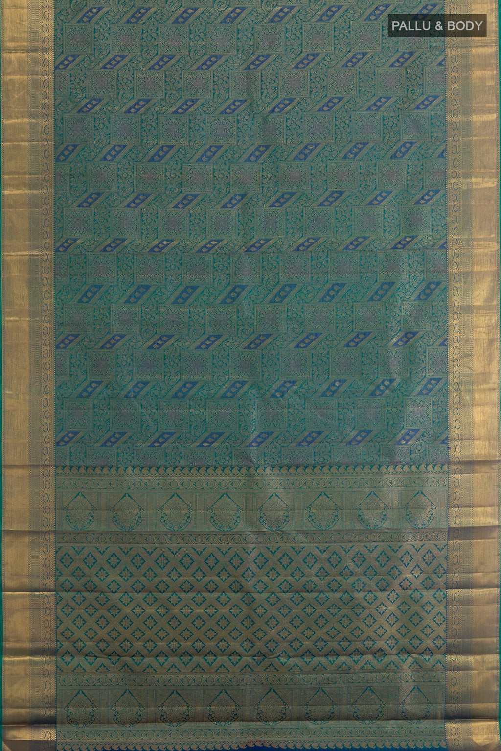 Flat view of Sea Green Kanjivaram Silk Saree with Zari Brocade on the body and Zari Border. 