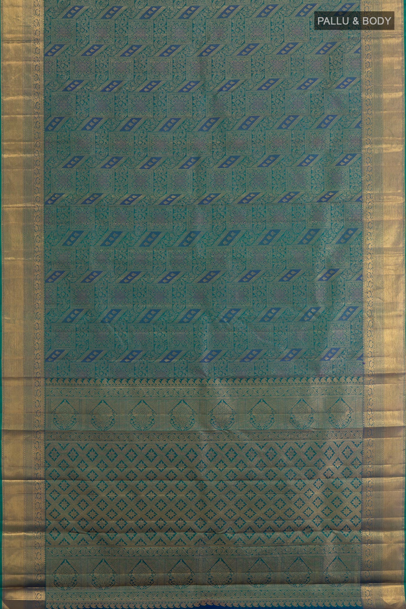 Flat view of Sea Green Kanjivaram Silk Saree with Zari Brocade on the body and Zari Border. 