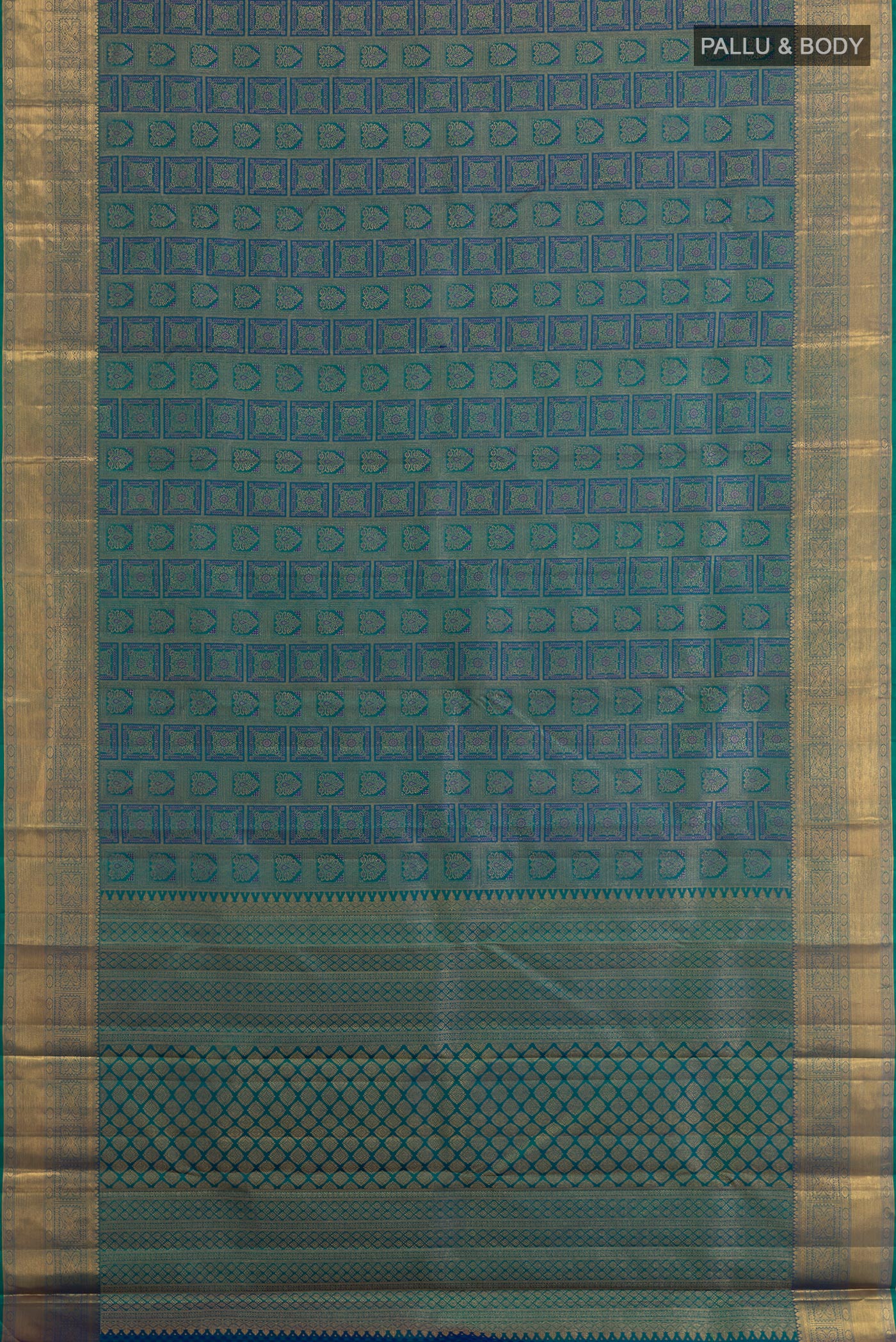Flat view of Sea Green Kanjivaram Silk Saree with Zari Brocade on the body and Zari Border. 