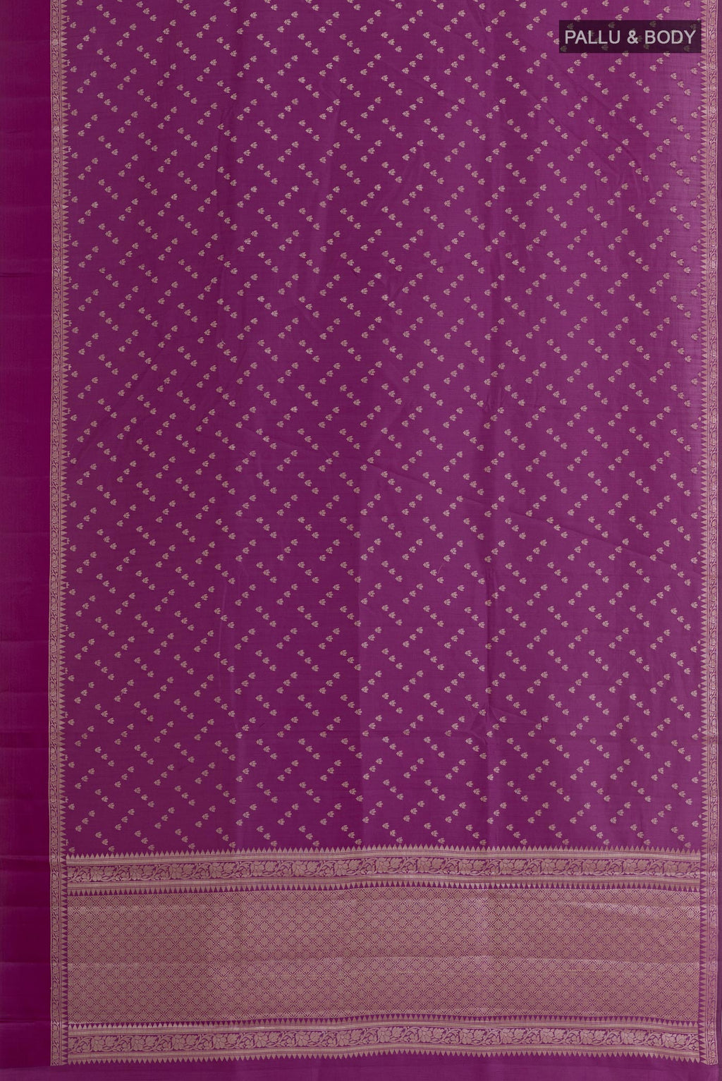 Flat view of Purple Tussar Silk Saree with Zari Butta on the body and Zari Border. 