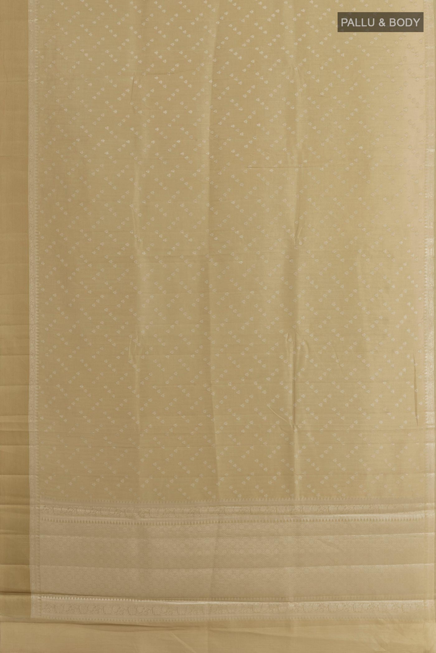 Flat view of Beige Tussar Silk Saree with Zari Butta on the body and Zari Border. 