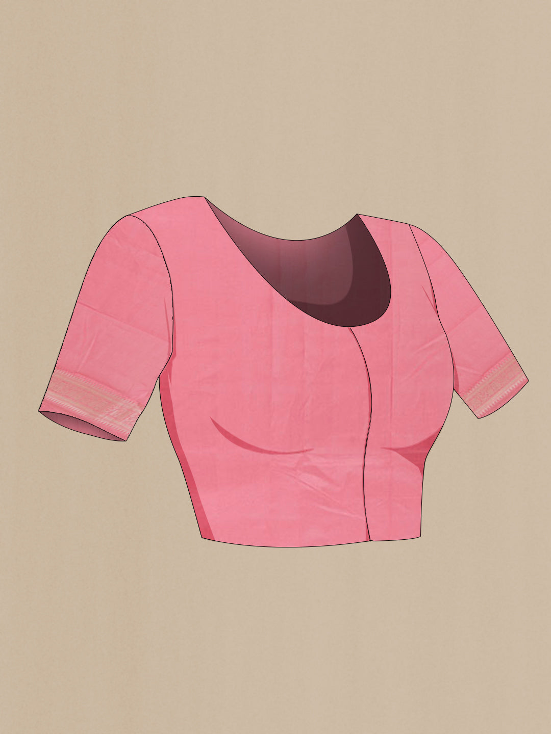 Close up image of the blouse of Pink Tussar Silk Saree with Zari Butta on the body and Zari Border. 