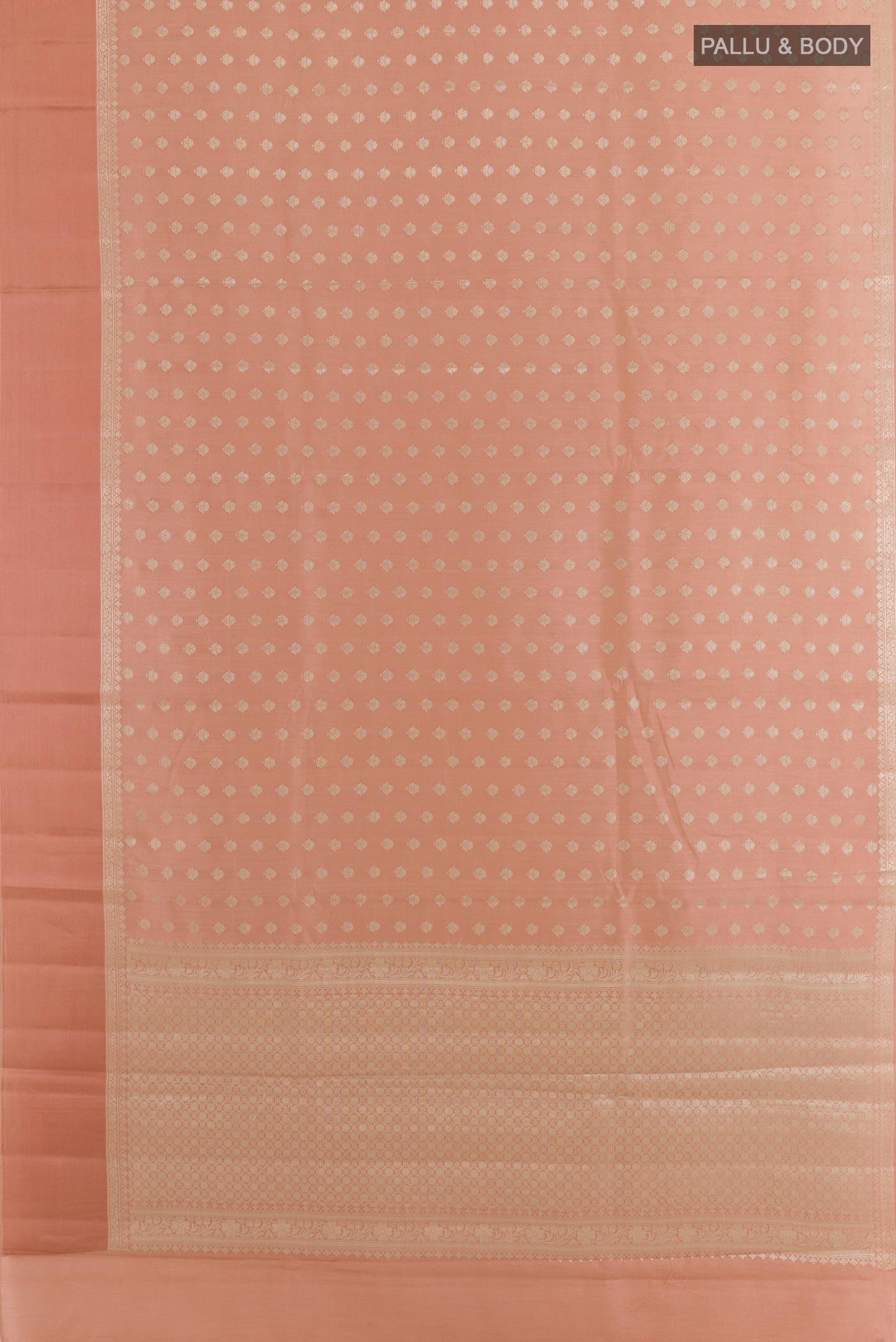 Flat view of Imperial Pink Tussar Silk Saree with Zari Butta on the body and Zari Border. 