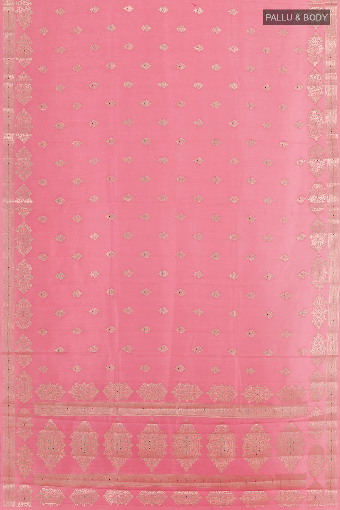 Flat view of Pink Tussar Silk Saree with Zari Butta on the body and Zari Border. 