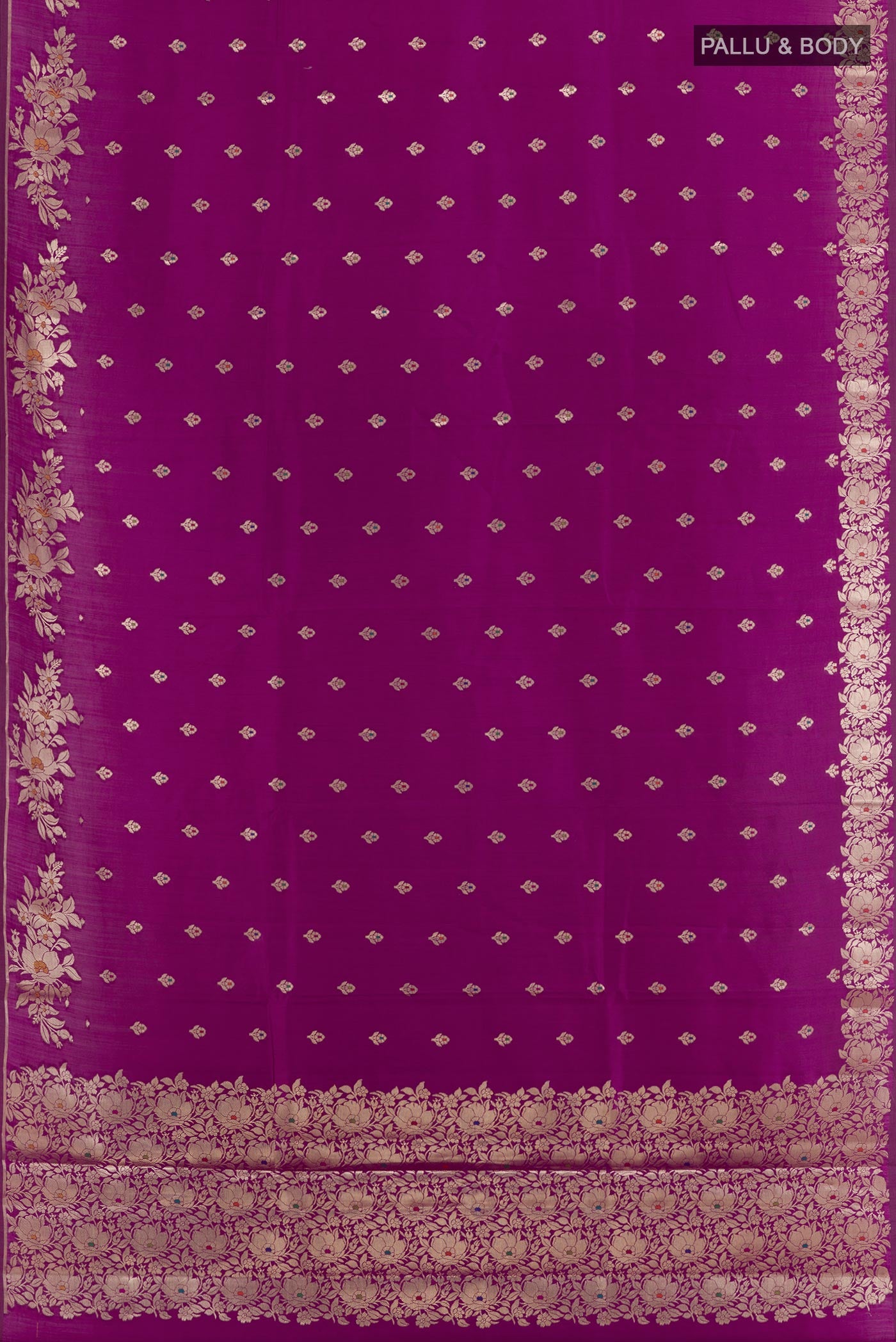Flat view of Purple Tussar Silk Saree with Zari Butta on the body and Zari Border. 