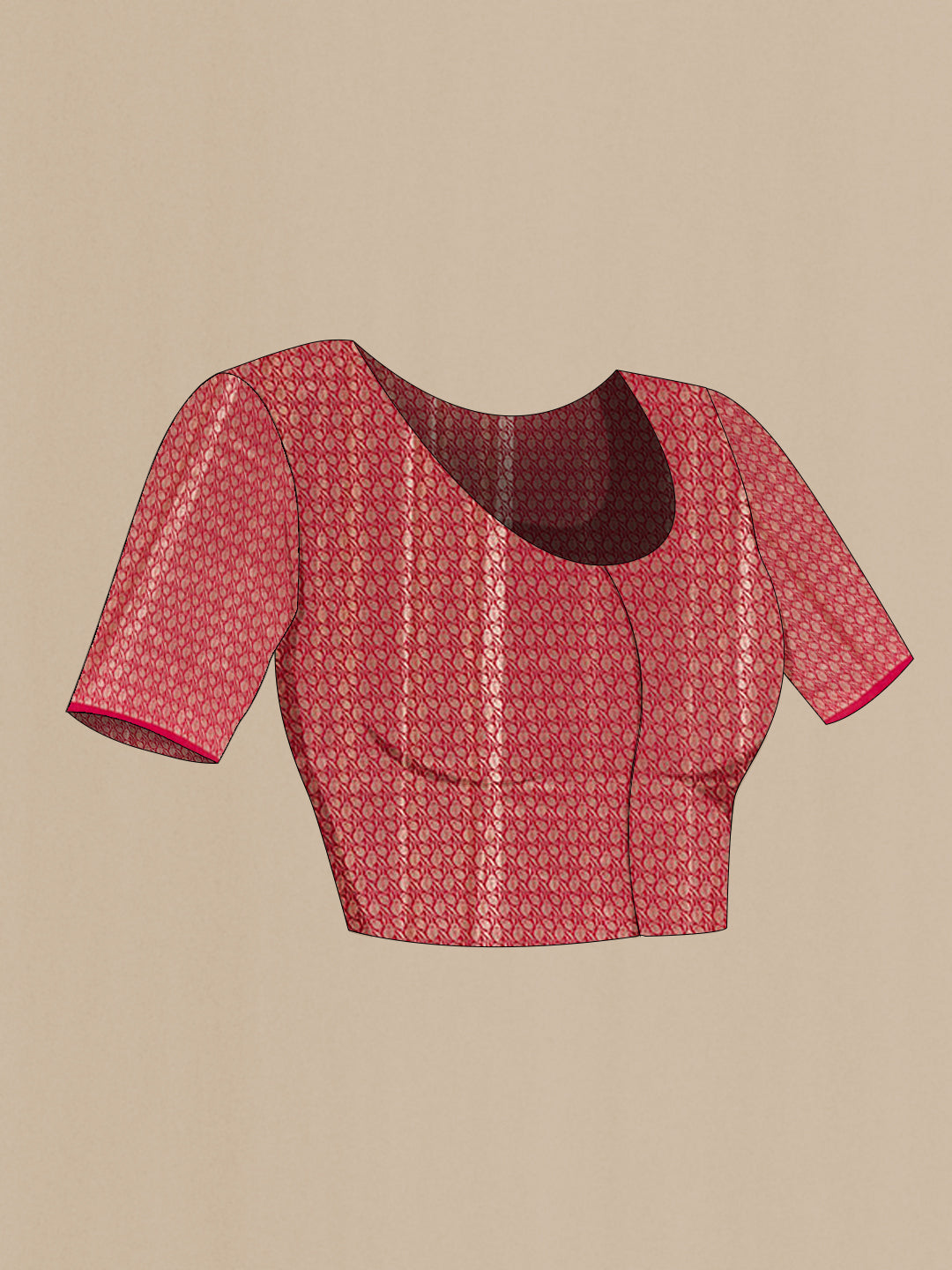 Close up image of the blouse of Red Tussar Silk Saree with Zari Butta on the body and Zari Border. 