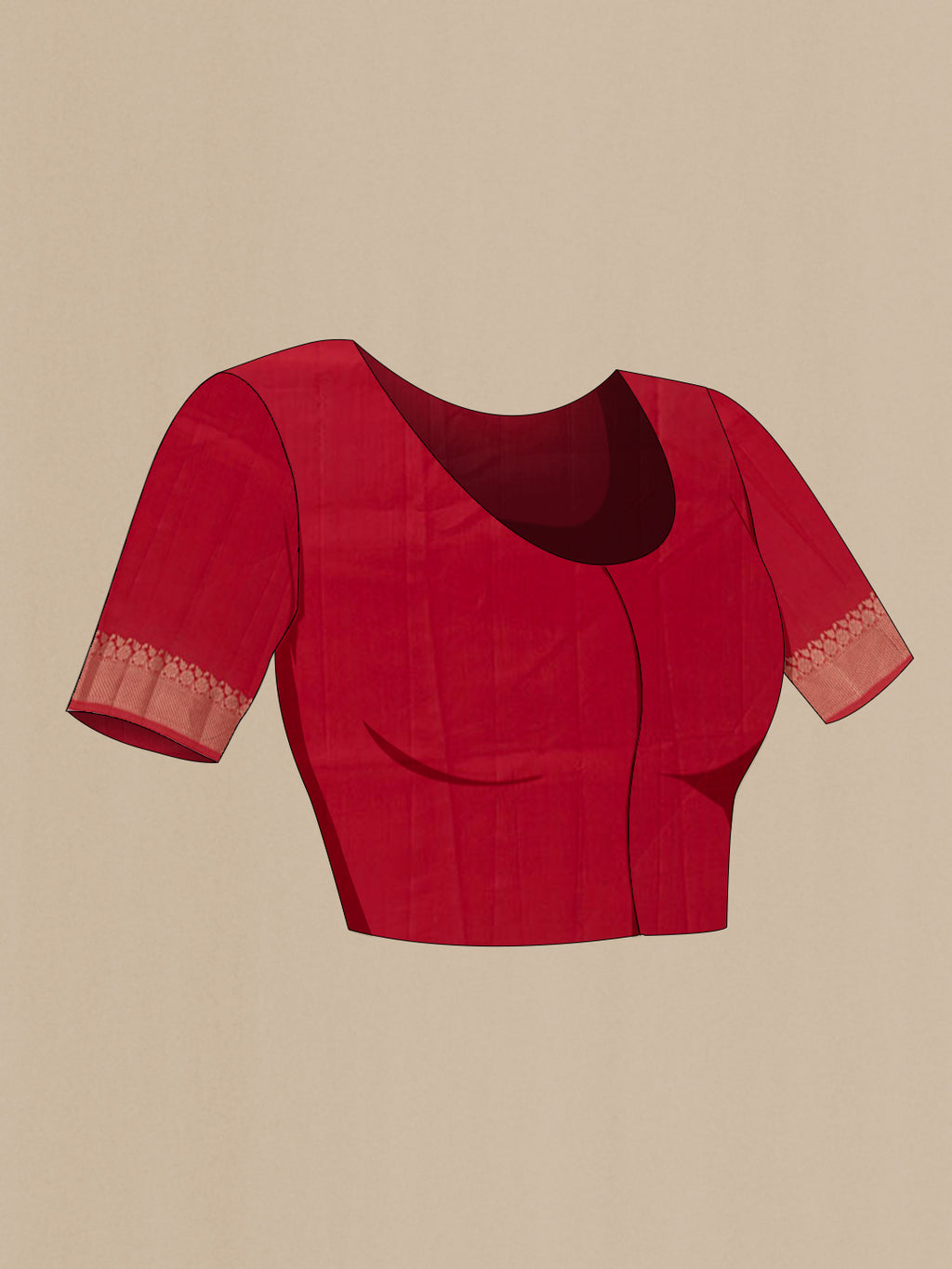 Close up image of the blouse of Red Tussar Silk Saree with Zari Butta on the body and Zari Border. 
