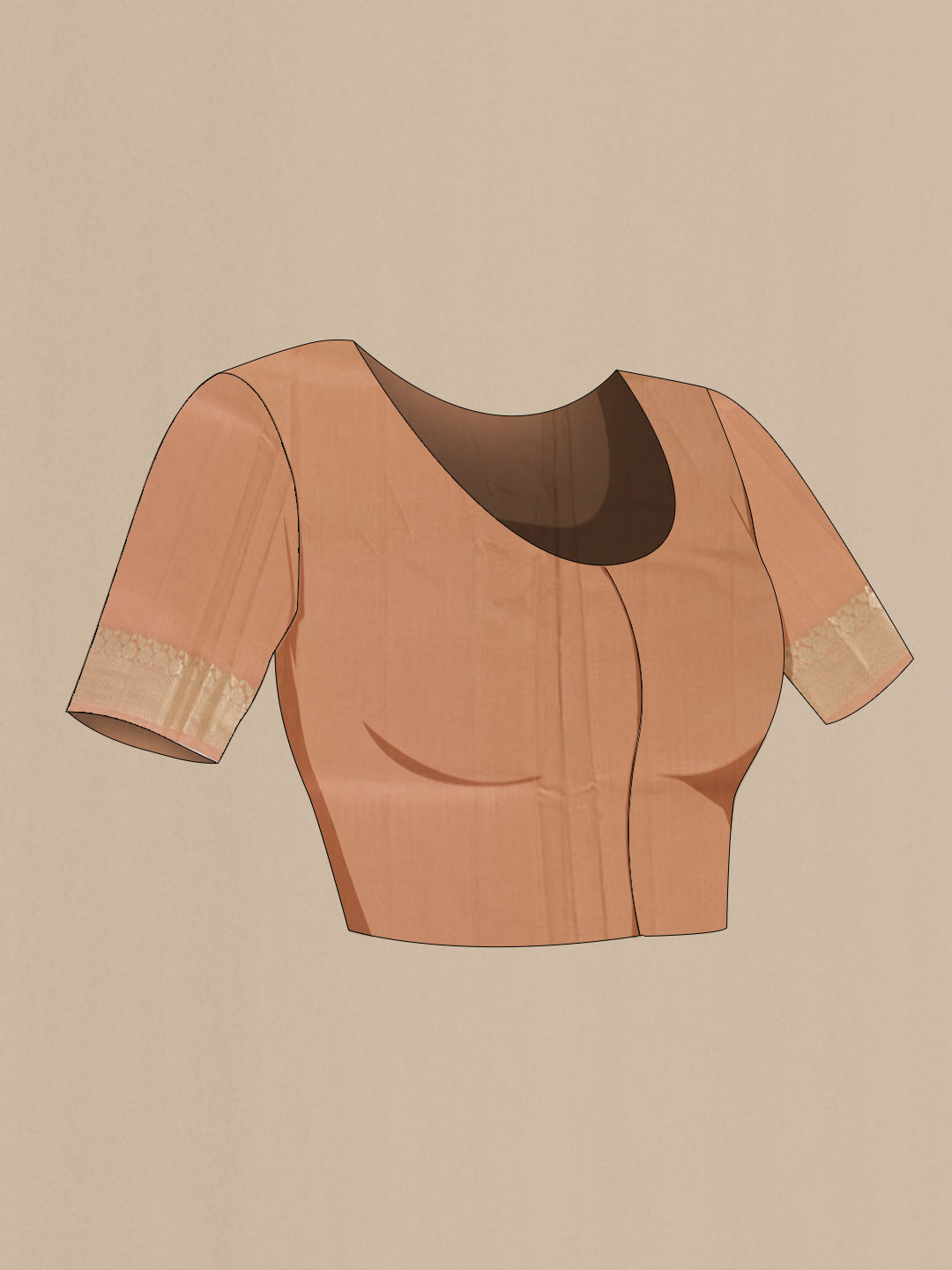 Close up image of the blouse of Beige Tussar Silk Saree with Zari Butta on the body and Zari Border. 