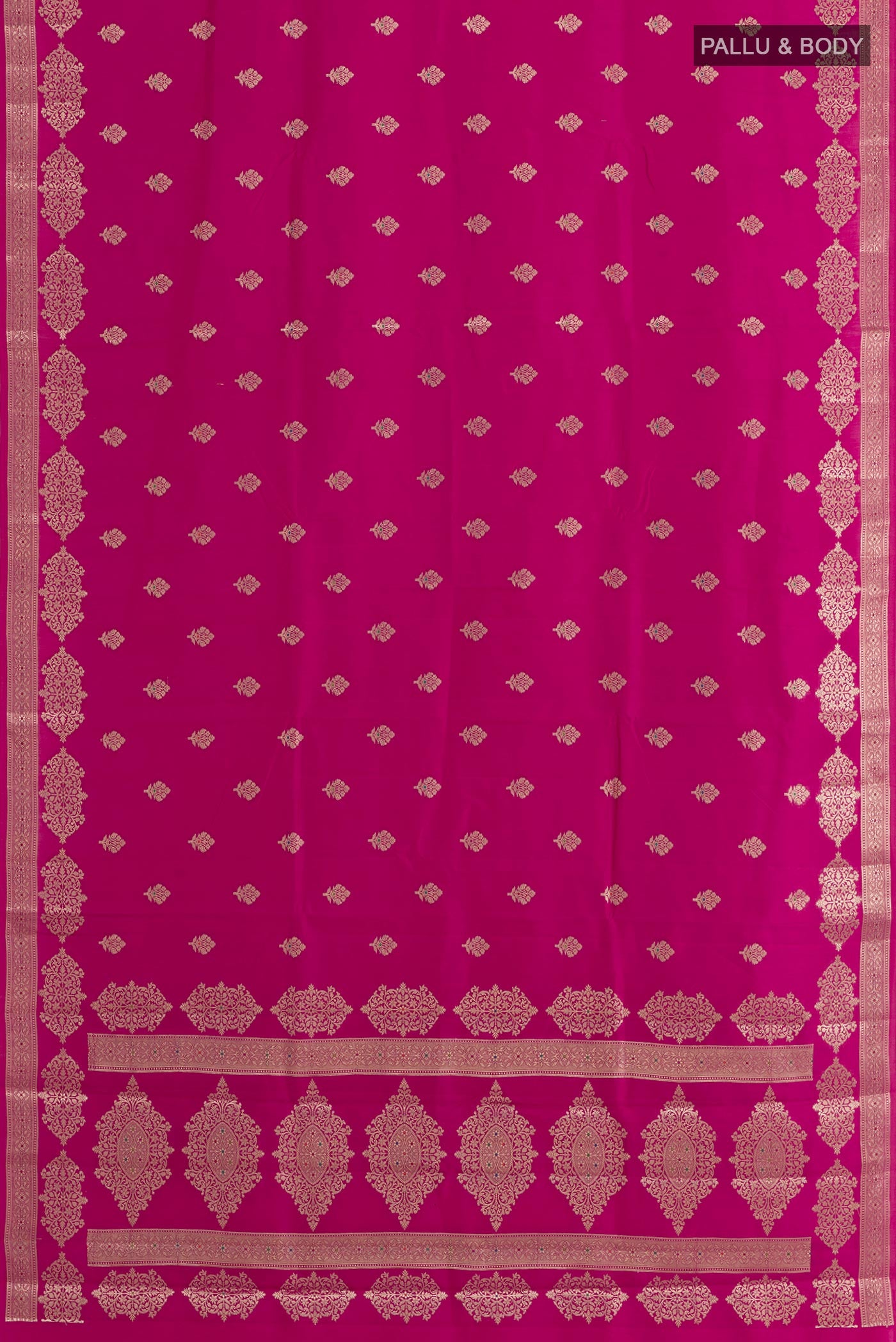 Flat view of Pink Tussar Silk Saree with Zari Butta on the body and Zari Border. 
