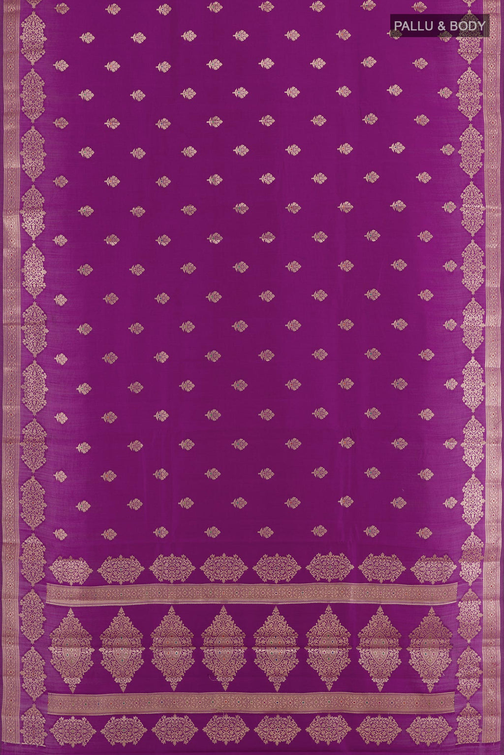Flat view of Purple Tussar Silk Saree with Zari Butta on the body and Zari Border. 