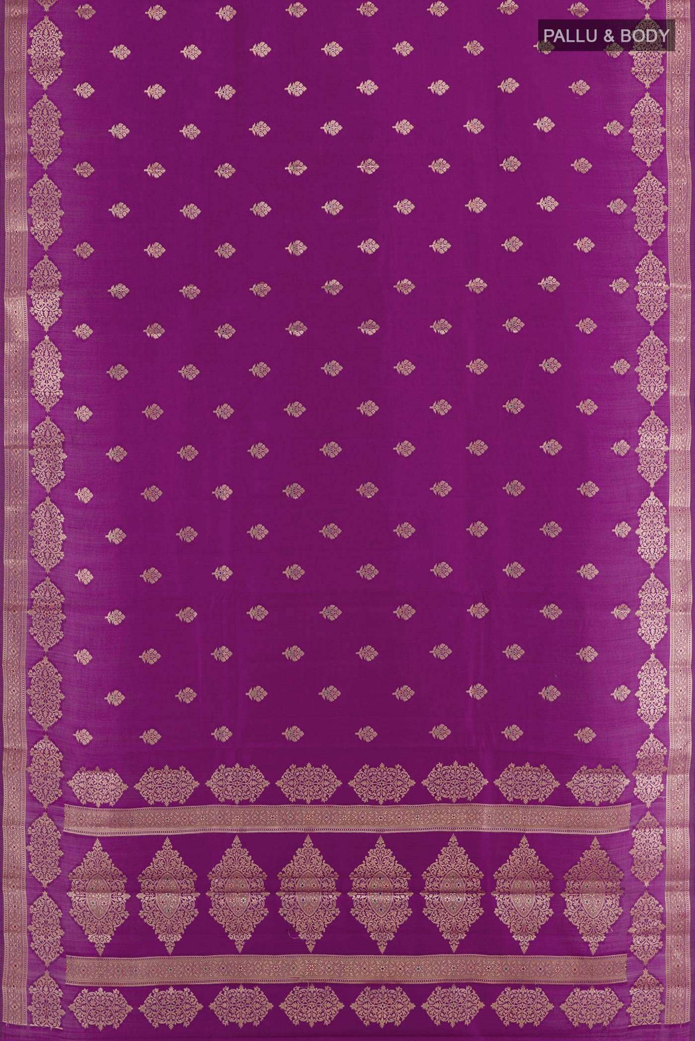 Flat view of Purple Tussar Silk Saree with Zari Butta on the body and Zari Border. 