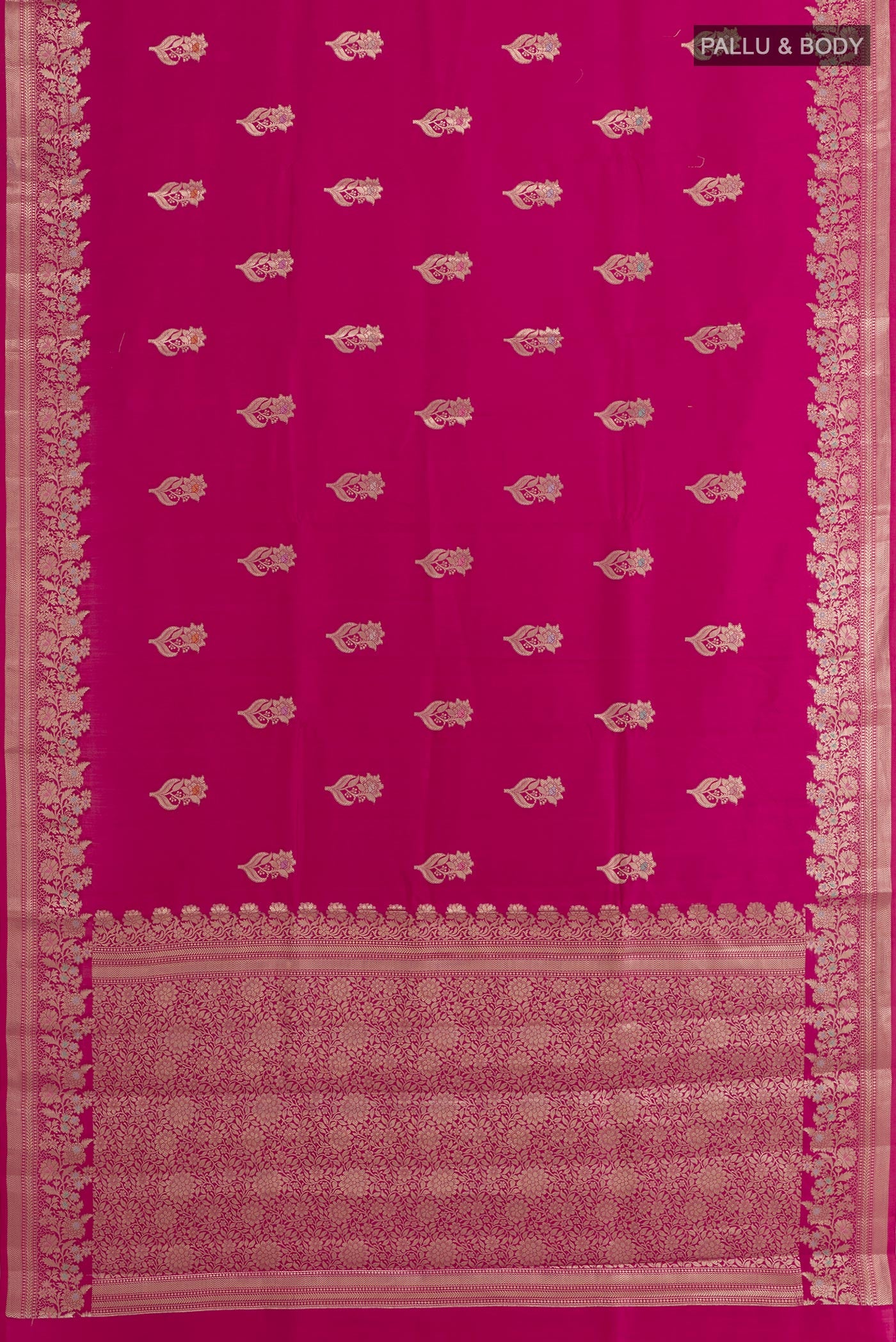 Flat view of Pink Tussar Silk Saree with Zari Butta on the body and Zari Border. 