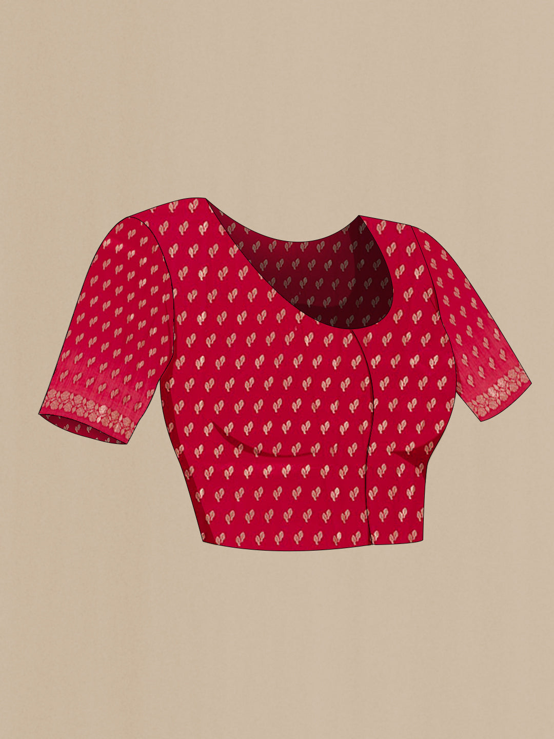 Close up image of the blouse of Red Tussar Silk Saree with Zari Butta on the body and Zari Border. 