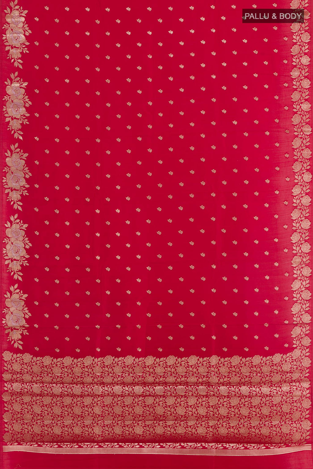 Flat view of Red Tussar Silk Saree with Zari Butta on the body and Zari Border. 