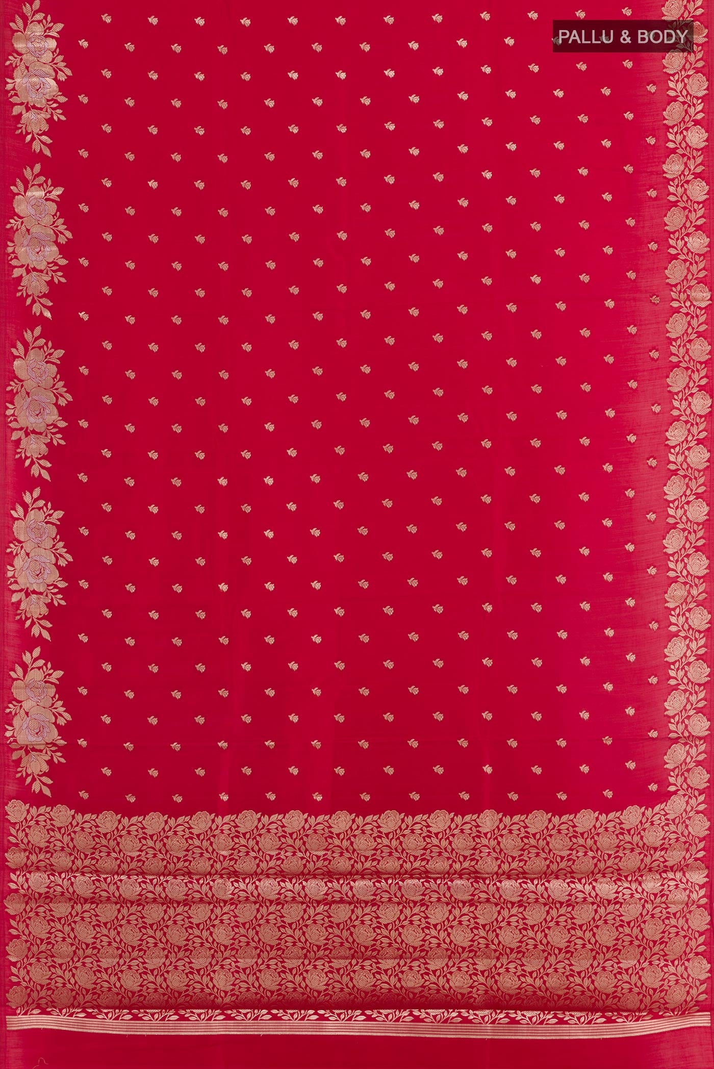 Flat view of Red Tussar Silk Saree with Zari Butta on the body and Zari Border. 