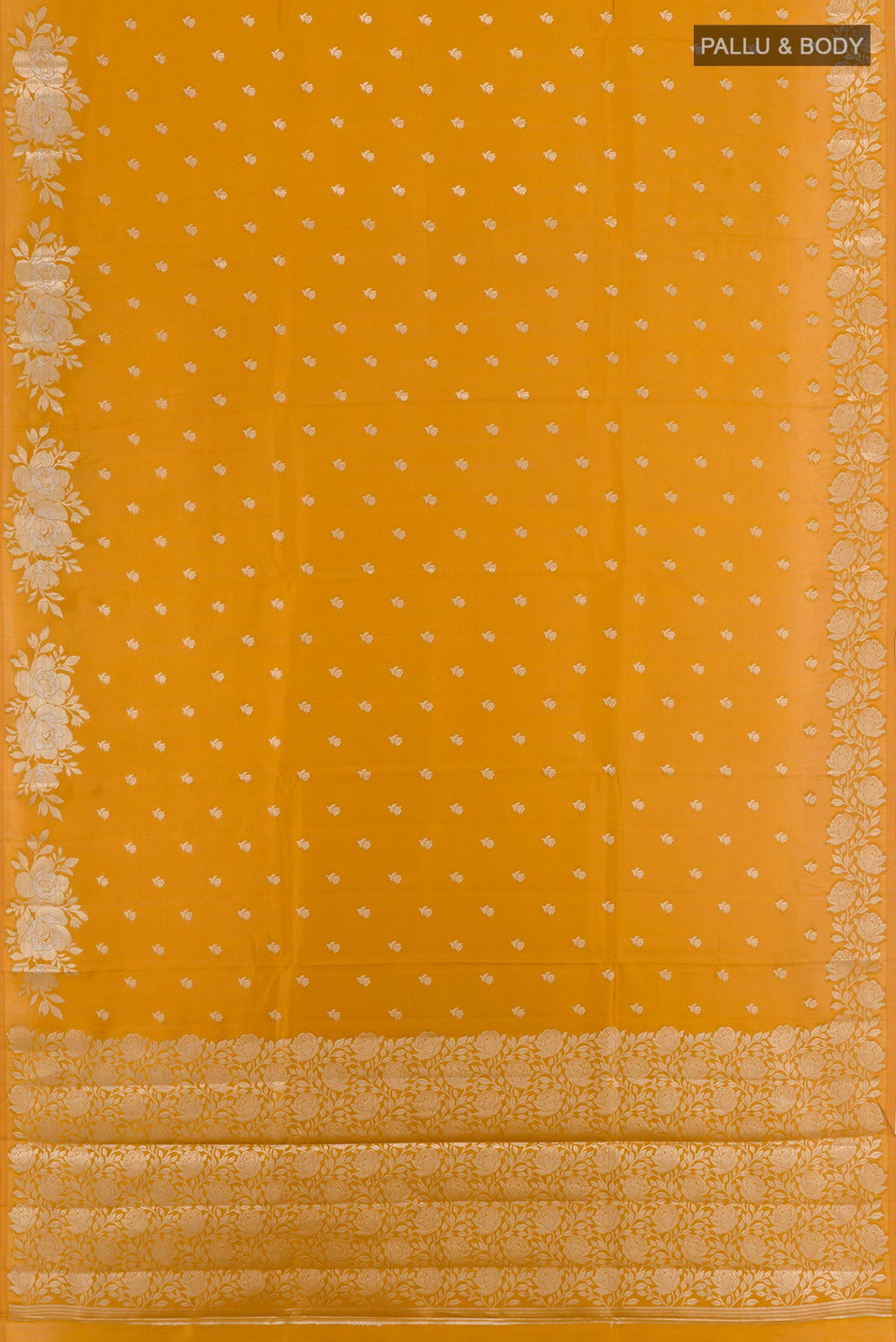 Flat view of Yellow Tussar Silk Saree with Zari Butta on the body and Zari Border. 