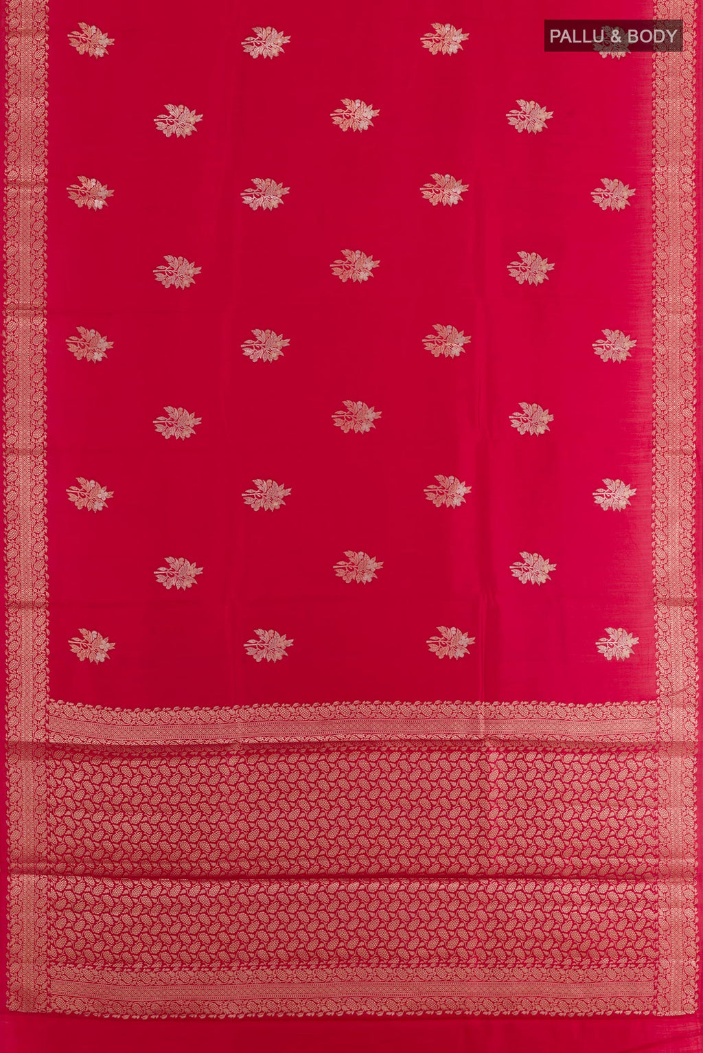 Flat view of Red Tussar Silk Saree with Zari Butta on the body and Zari Border. 